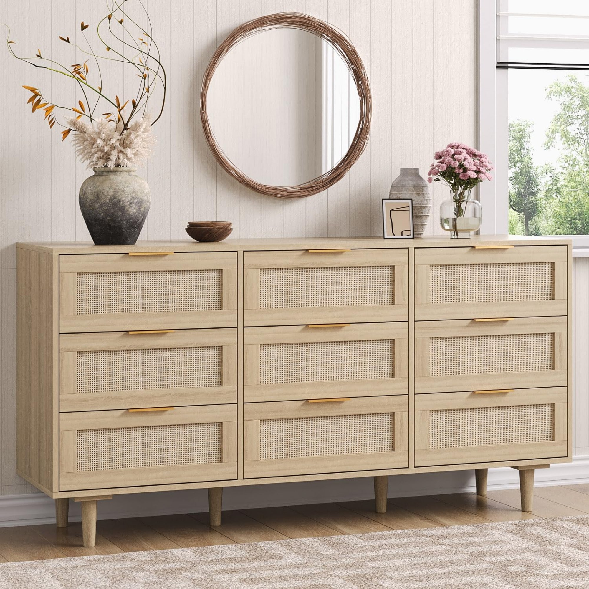 Angel Sar 59 in Boho 9 Drawer Dresser for Bedroom Modern Rattan Dresser with Golden Handles Sturdy Wood Legs and Anti-Tipping Design Wood Closet Organizer Storage Cabinet with 9 Drawers in the