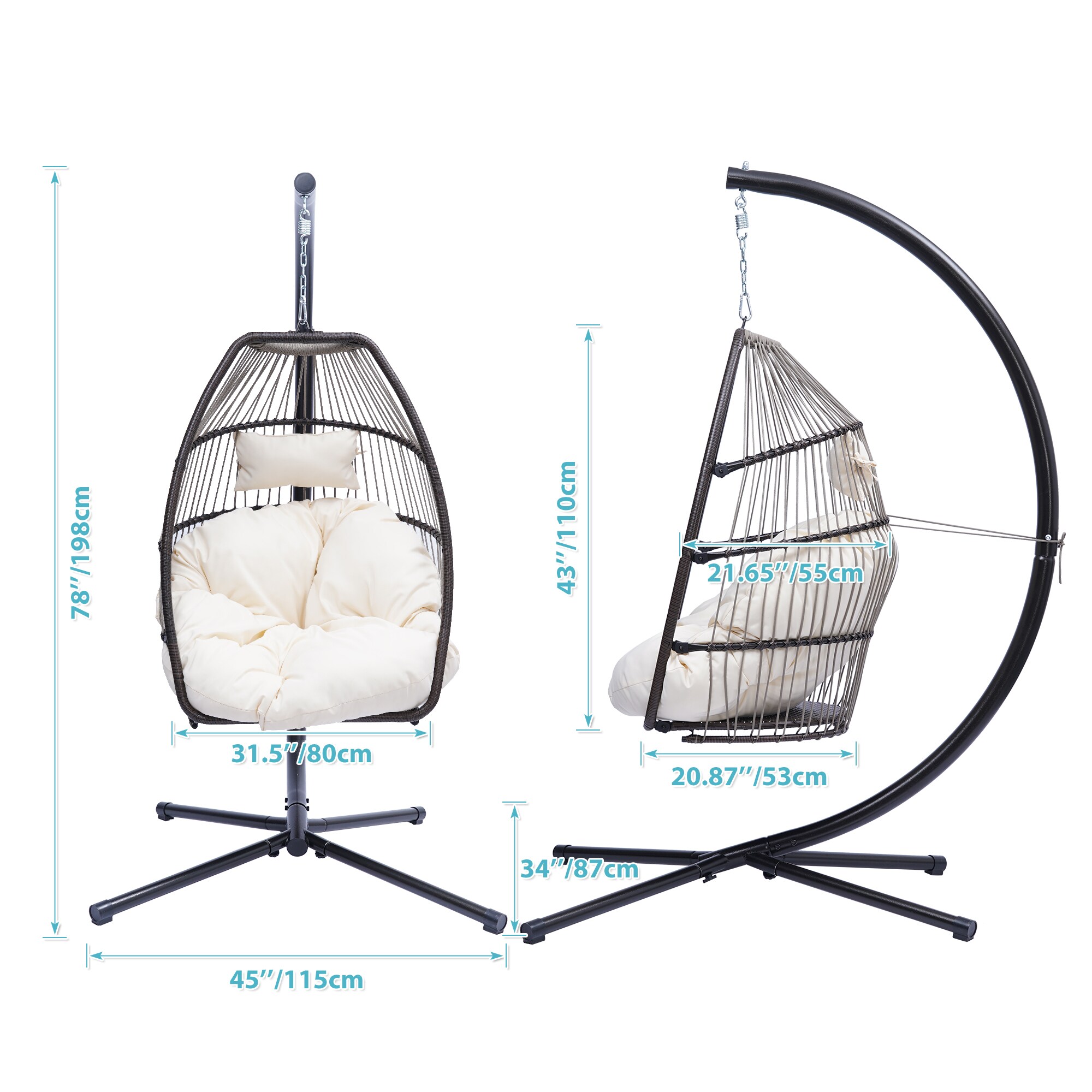 Topcraft Beige C-bracket Rattan Swing Hammock Egg Chair with Pillow and ...