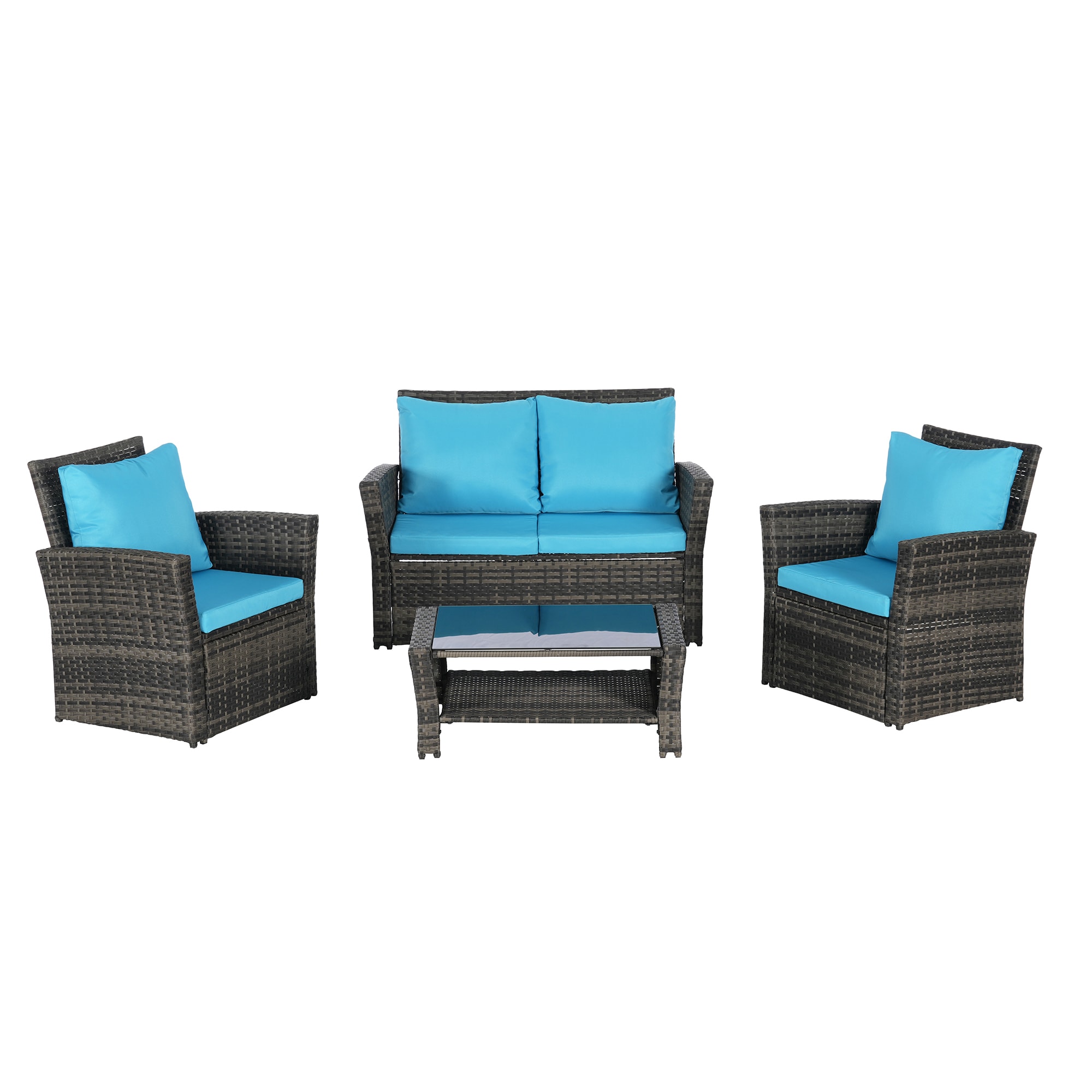 SINOFURN SYB670027BL 4 -Piece Wicker Patio Conversation Set with Blue Cushions