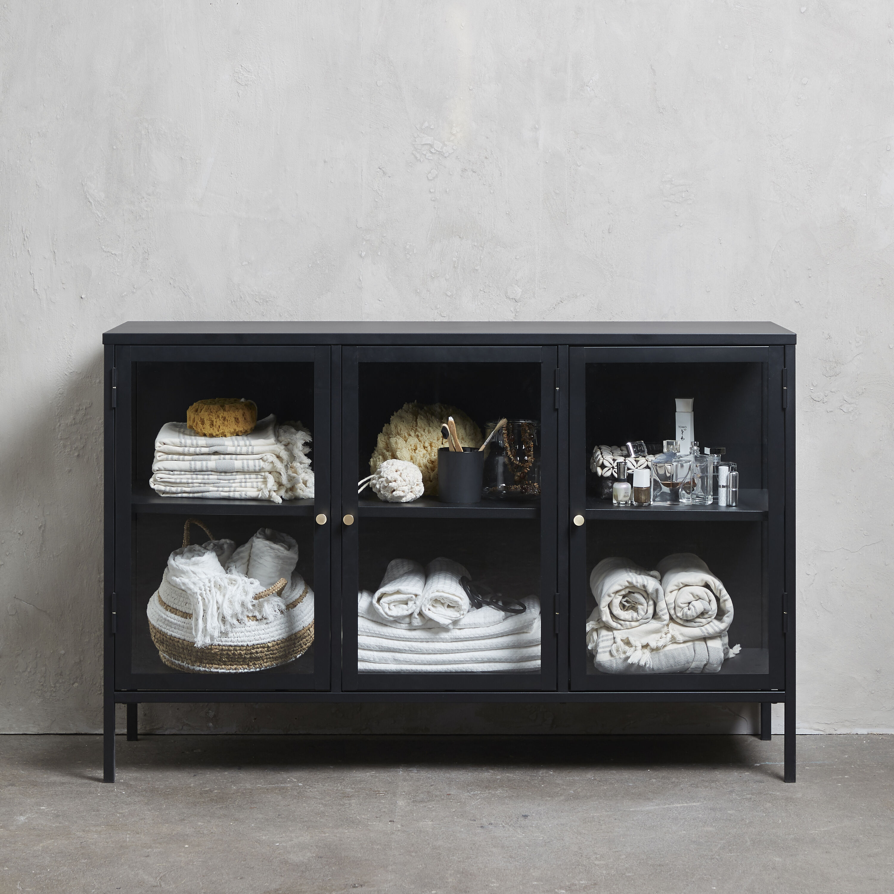 Black Metal and Glass 3-Door Sideboard with Brass Knobs