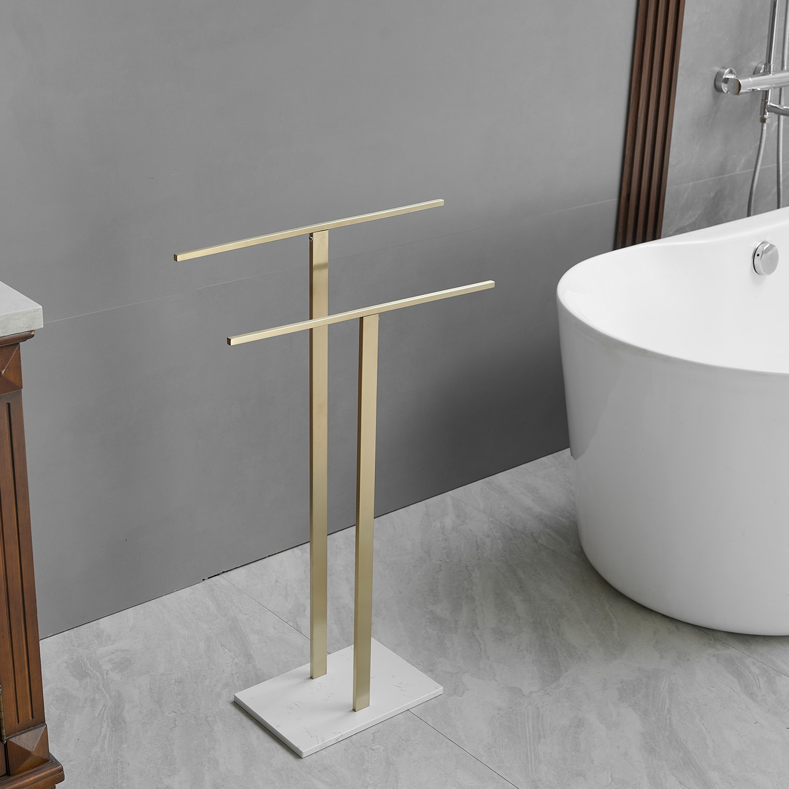 BWE 2 Tier Standing Towel Rack with Marble Base for Bathroom Floor Double T Tall Bath Towel Sheet Holder In Brushed Gold in the Towel Racks department at Lowes