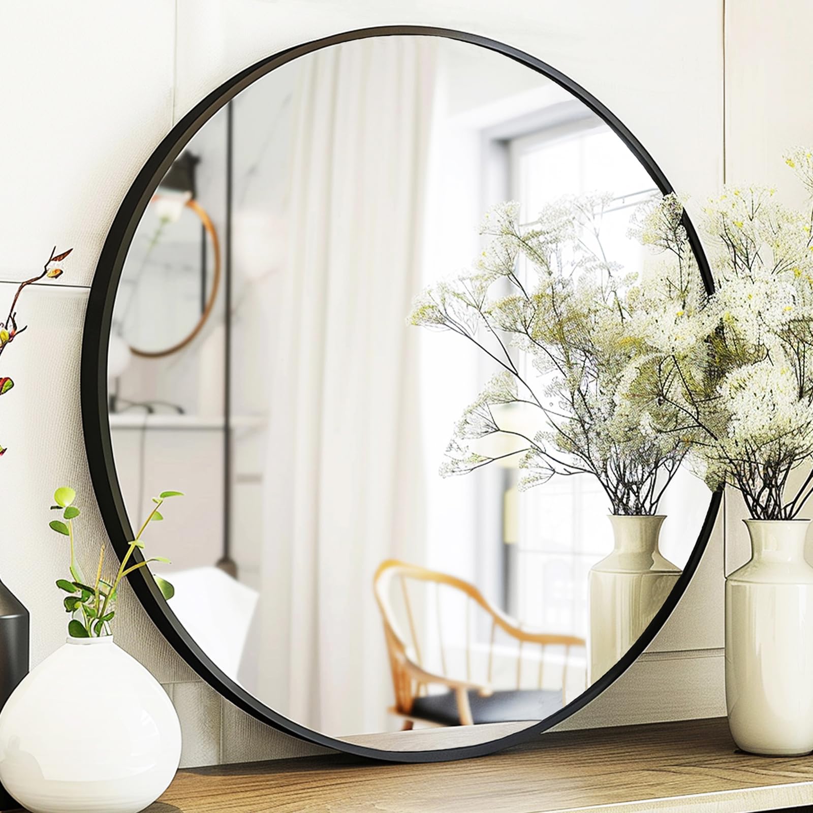 Phewnyzo 28 Inch Round Black Wall Mirror with Metal Frame for Bathroom ...