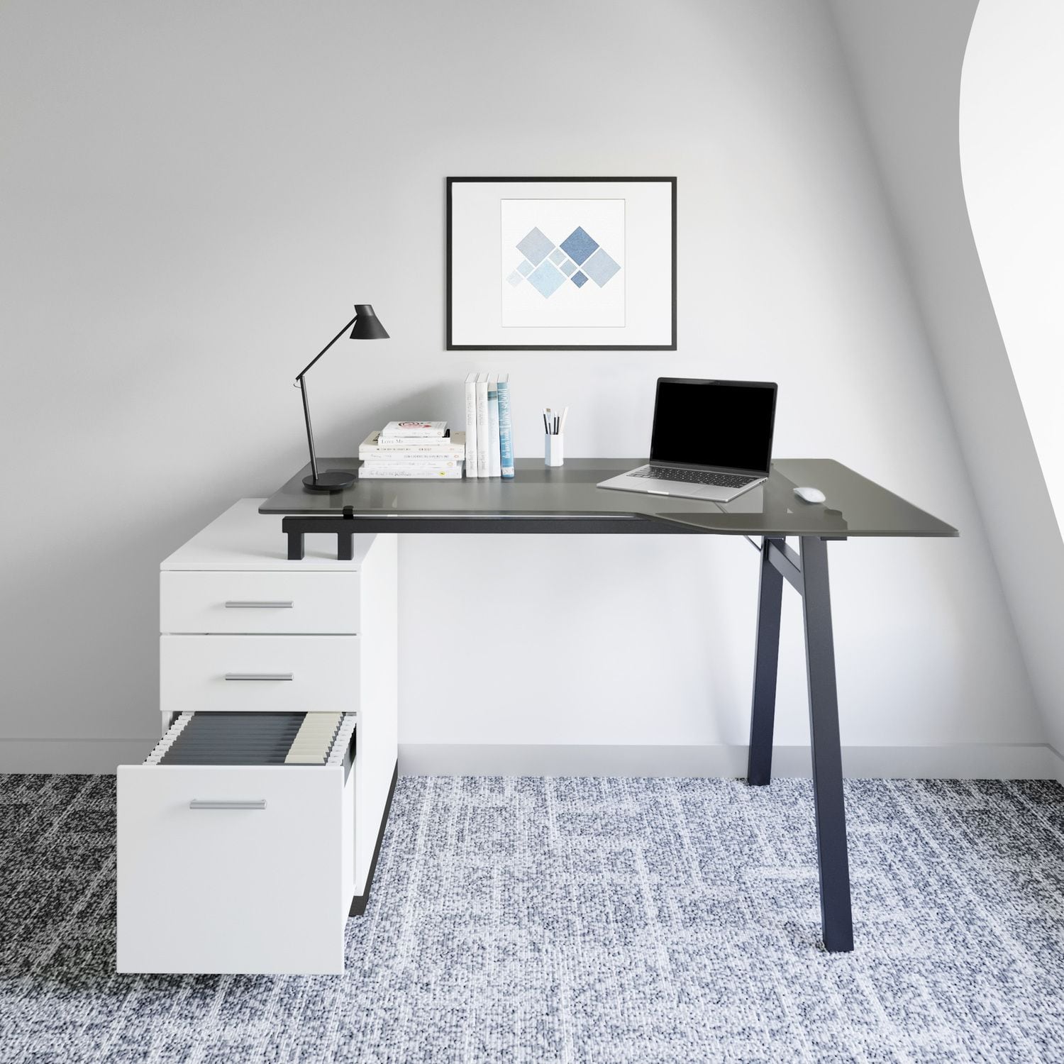 JASMODER RTA-3377D-WHT Modern Home Office Computer Desk With Smoke Tempered Glass Top and Storage - White