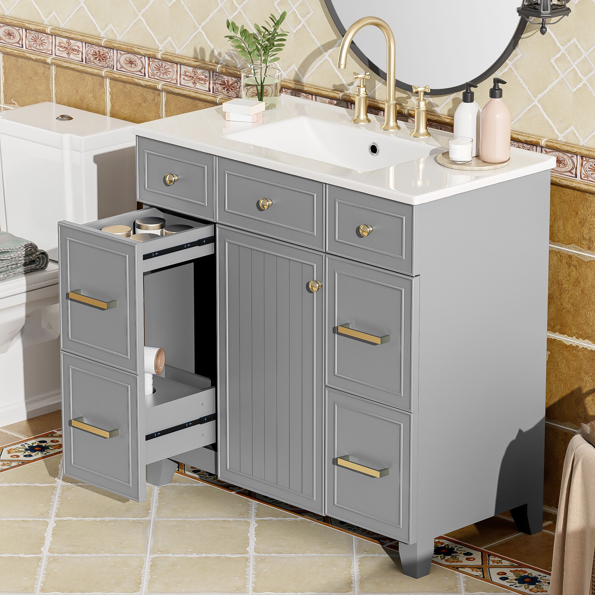 ModernLuxe - Assembly Required 36inch Bathroom Vanity with Ceramic Sink Grey Solid Wood Frame Sof...