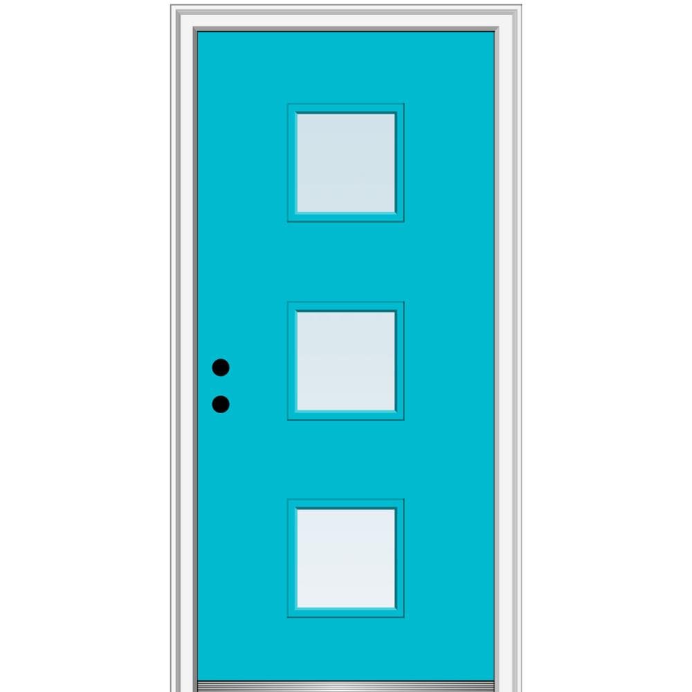 MMI DOOR ZZ348742R Spotlights 36-in x 80-in x 6-9/16-in Fiberglass Pulse lite Right-hand inswing Bahama Blue Painted Prehung Front Door with Brickmould Insulating core