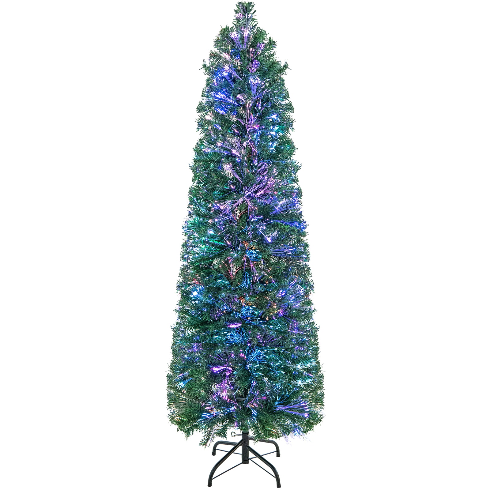 SUGIFT 5-ft Pre-Lit Pencil Christmas Tree with Color-Changing Fiber Optic Lights 361 Branch Tips Slim Artificial Xmas Tree - Green