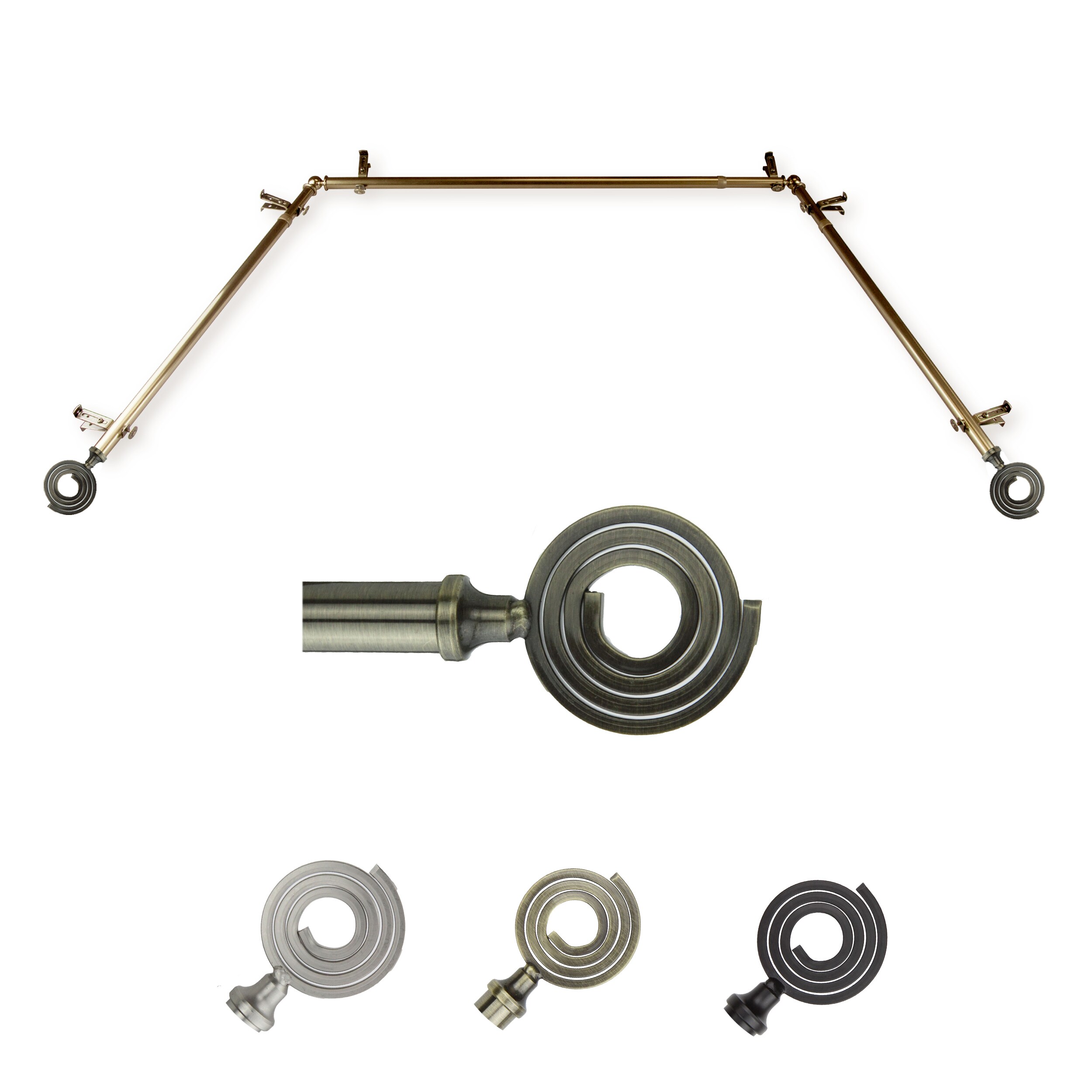 Hart & Harlow LO-ABAY-61-4 72-in to 144-in Antique Brass Steel Bay window curtain rod with Finials