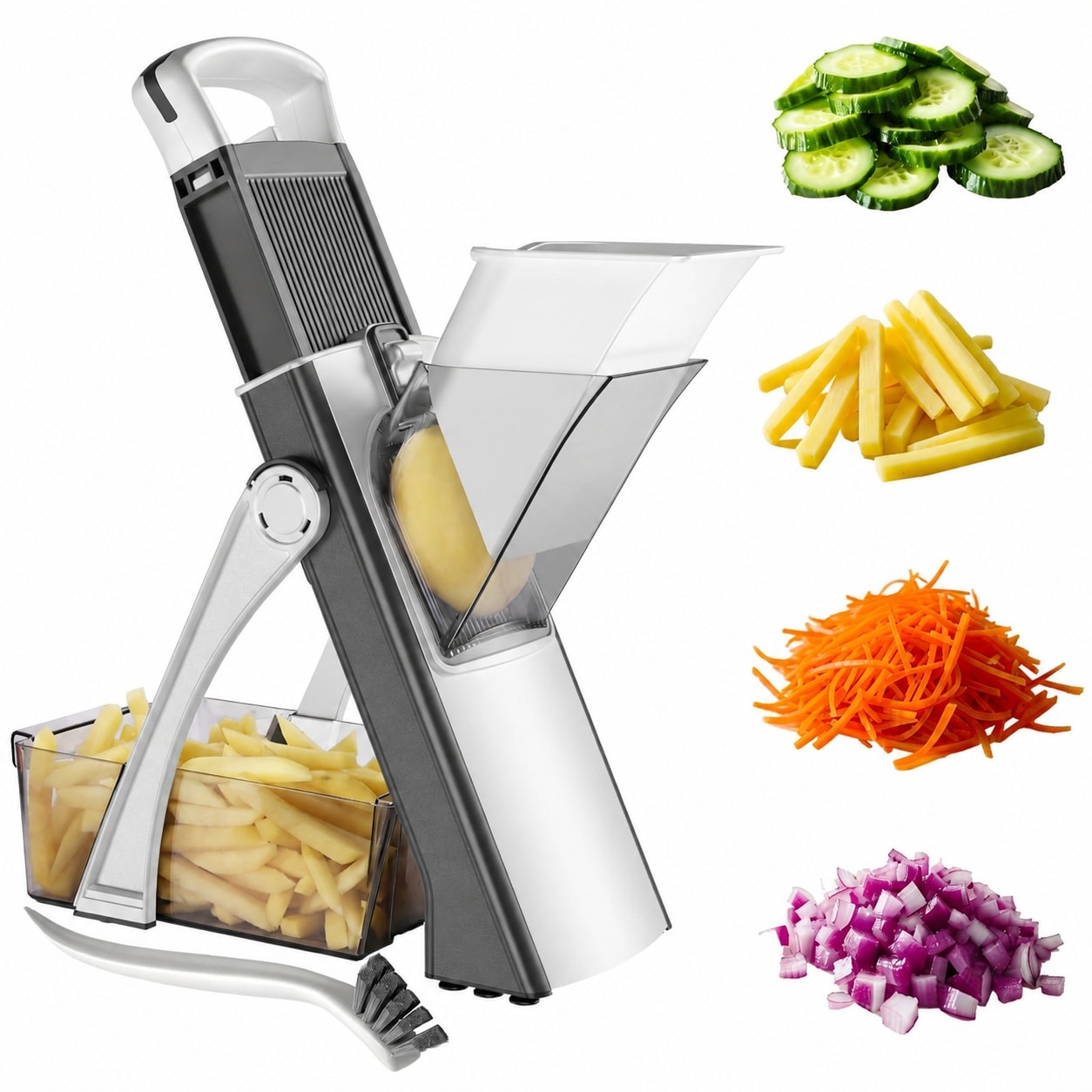 DHMHD  Upgrade Safe Mandoline Slicer Multi Vegetable Chopper Potato Slicer Onion Chopper Fry Cutter Kitchen Chopping Tool Gray White