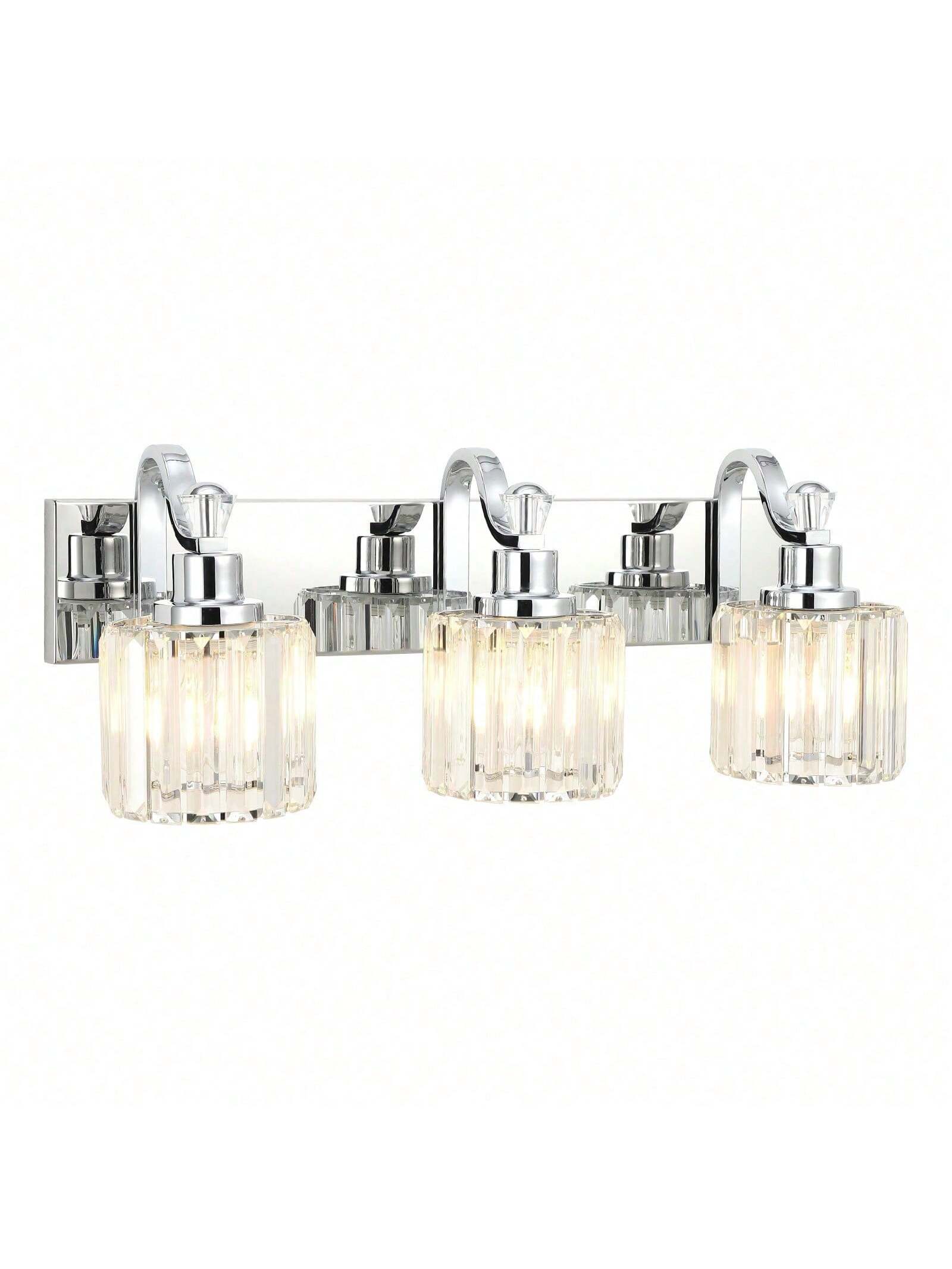 Qeetex PHO-10XE4EW6-HF4 3 lamp Modern Crystal Bathroom Vanity Mirror Light. Chrome Bathroom LED Light Fixture Wall Light for Bathroom. Bedroom Indoor Lighting