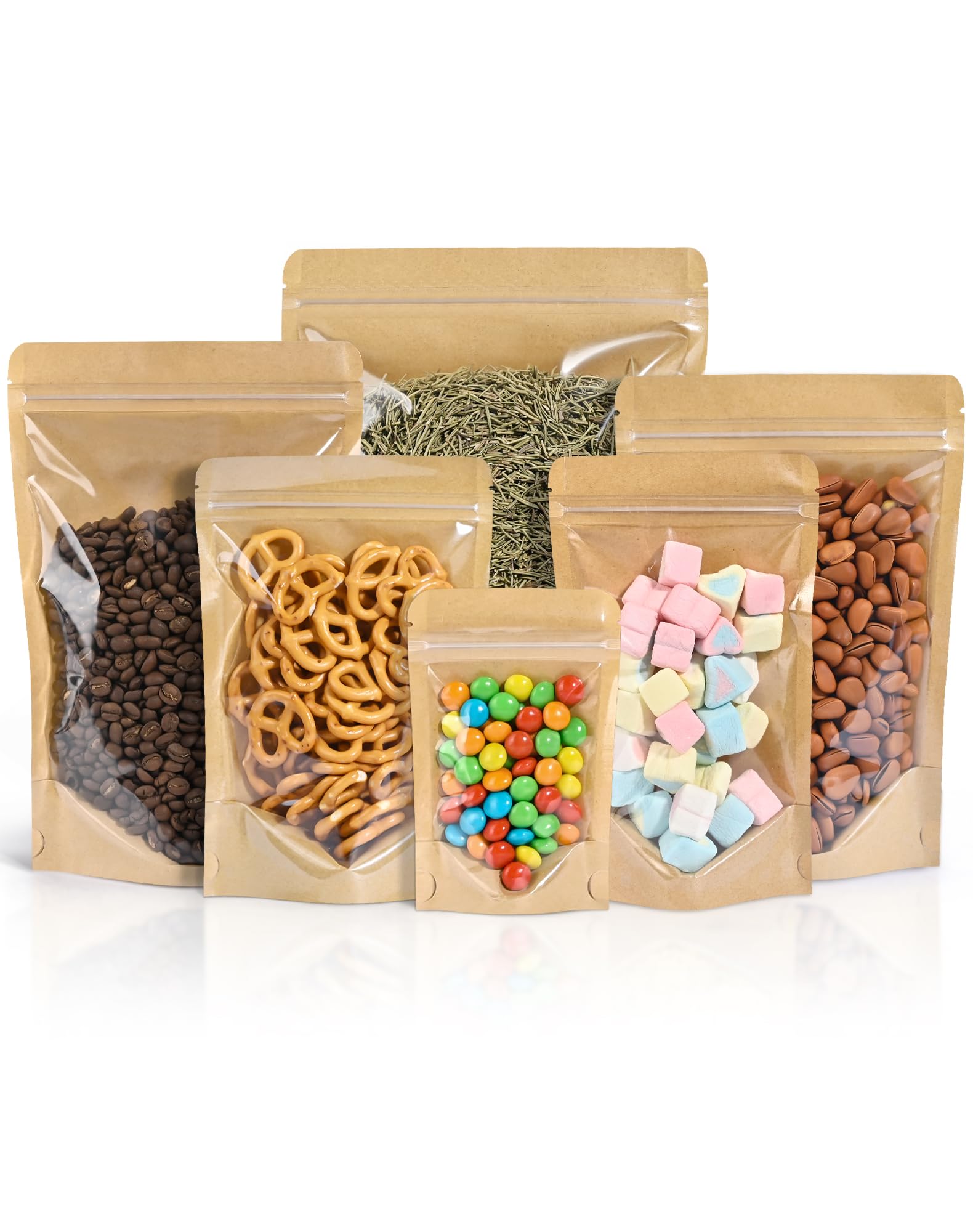 KIWDZFU  100 pcs Stand Up Pouches 3 Point 5 x 5 Point 5 Inch Kraft Paper Bags with Clear Window Resealable Zipper Food Storage Small Size Brown