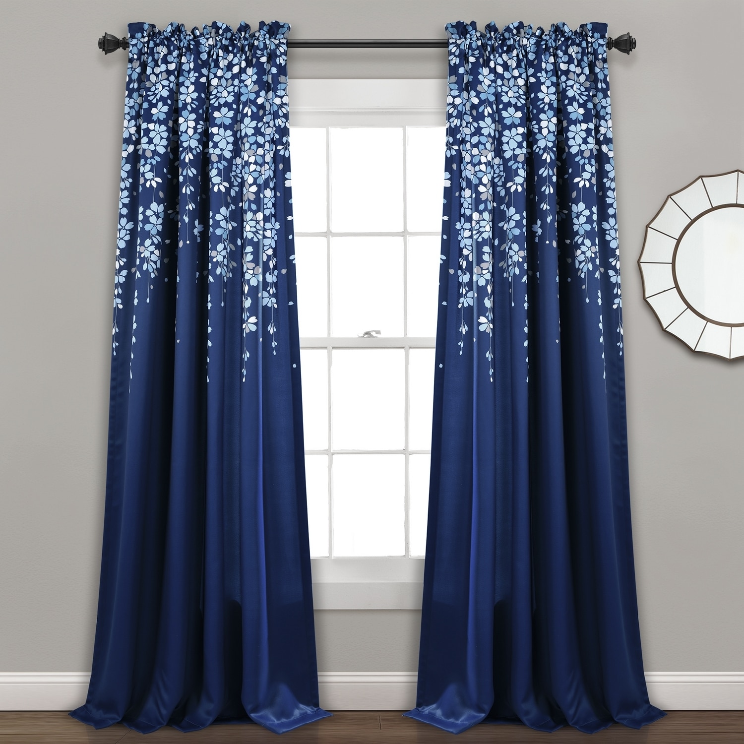 Lush Decor 16T004090 95-Inches Navy Floral Light filtering Rod pocket Curtain panel pair