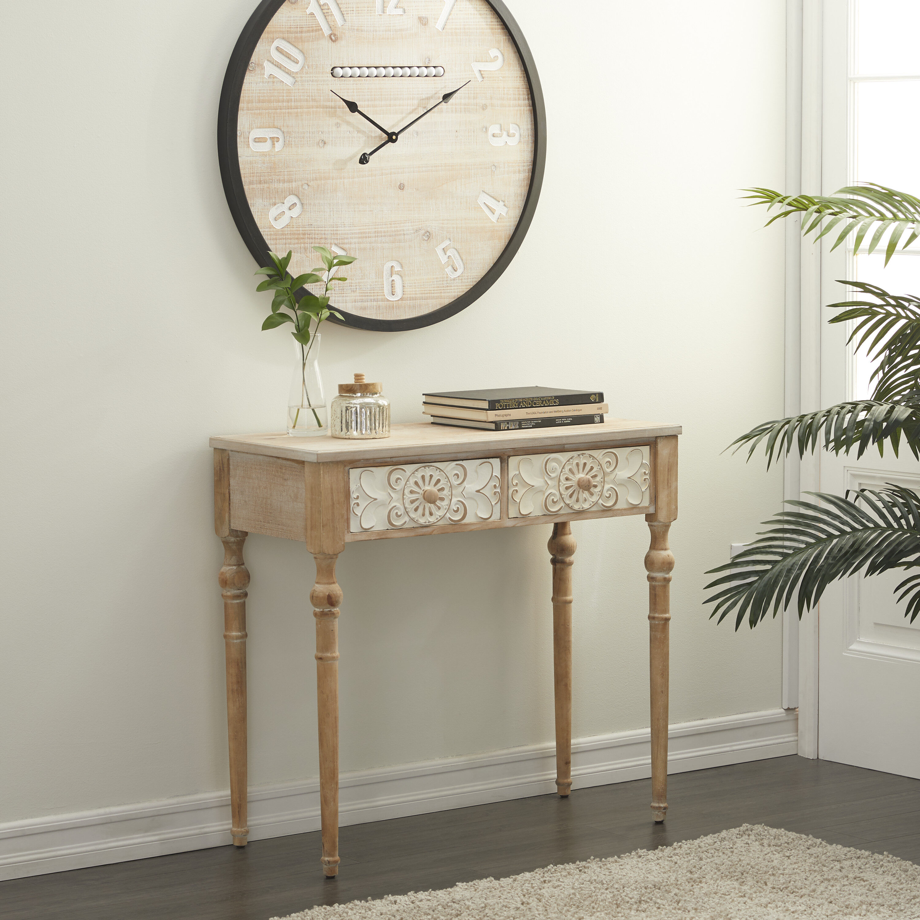 Grayson Lane 92162 Farmhouse Brown Intricately Carved with 2 Drawers Console Table