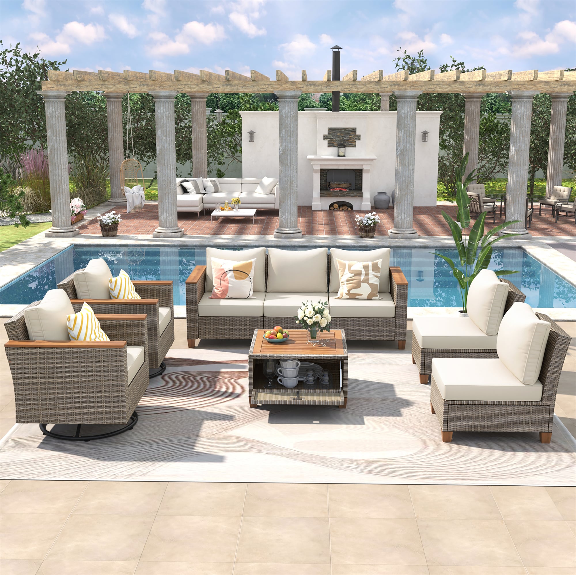 BABOOM BOM-000016Z-OR Wicker Outdoor Patio Furniture Set 8 -Piece Rattan 2 Patio Sofa Conversation Set with Off-white Polyester 180GSM Cushions