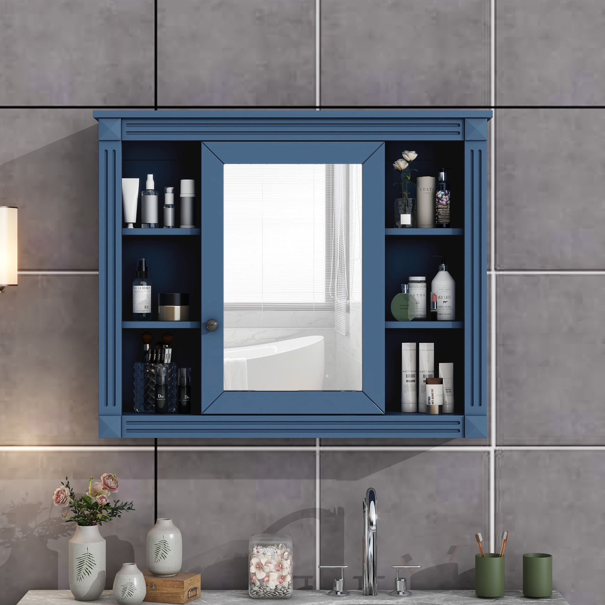 AAZJ 710-MC5081AAC CMR 35-Inches x 28-Inches Surface Mount Blue Mirrored Rectangle Soft Close Medicine Cabinet