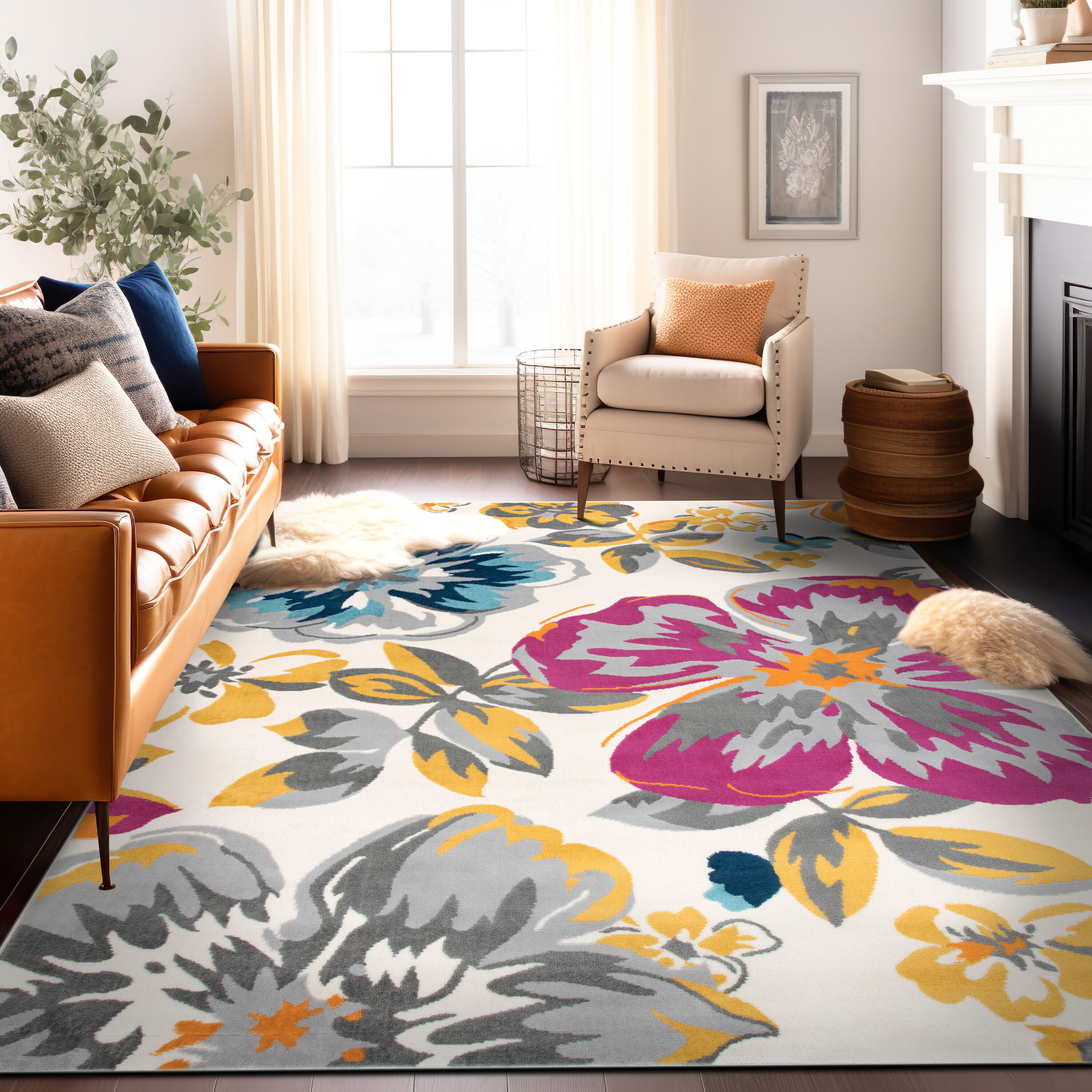 World Rug Gallery 9098MULTI5X7 Hudson 5 x 7 (ft) Loomed Polypropylene Multi Rectangular Indoor Floral/Botanical Mid-Century Modern Area rug
