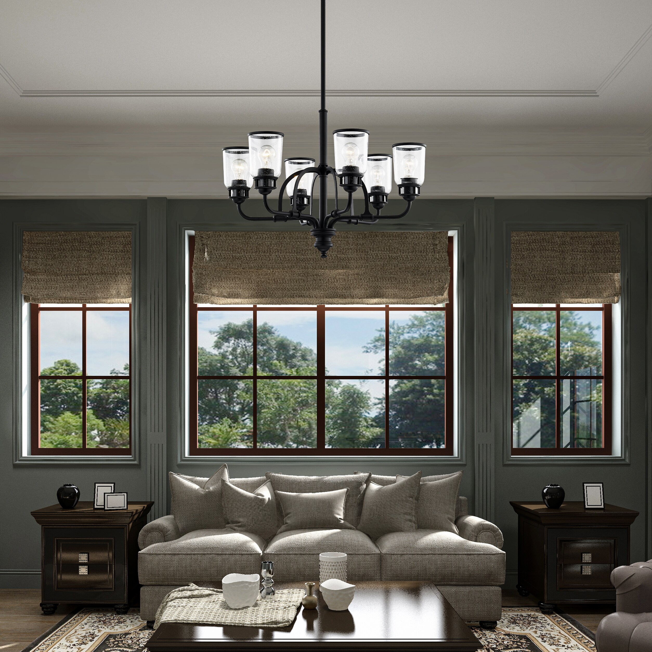 Elegant Black Crystal 6-Light Chandelier with Hand Blown Glass