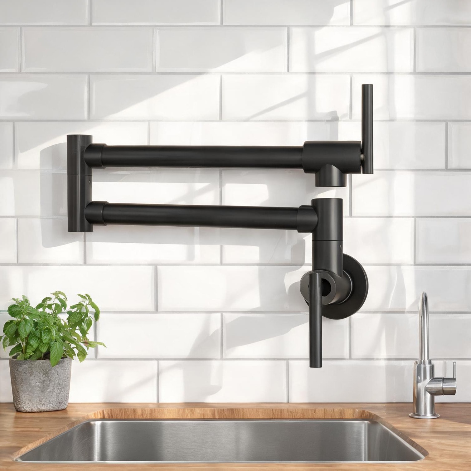Watnature Wall-Mount Pot Filler Kitchen Faucet with Folding Double-Joint Spout Matte Black Stainless Steel
