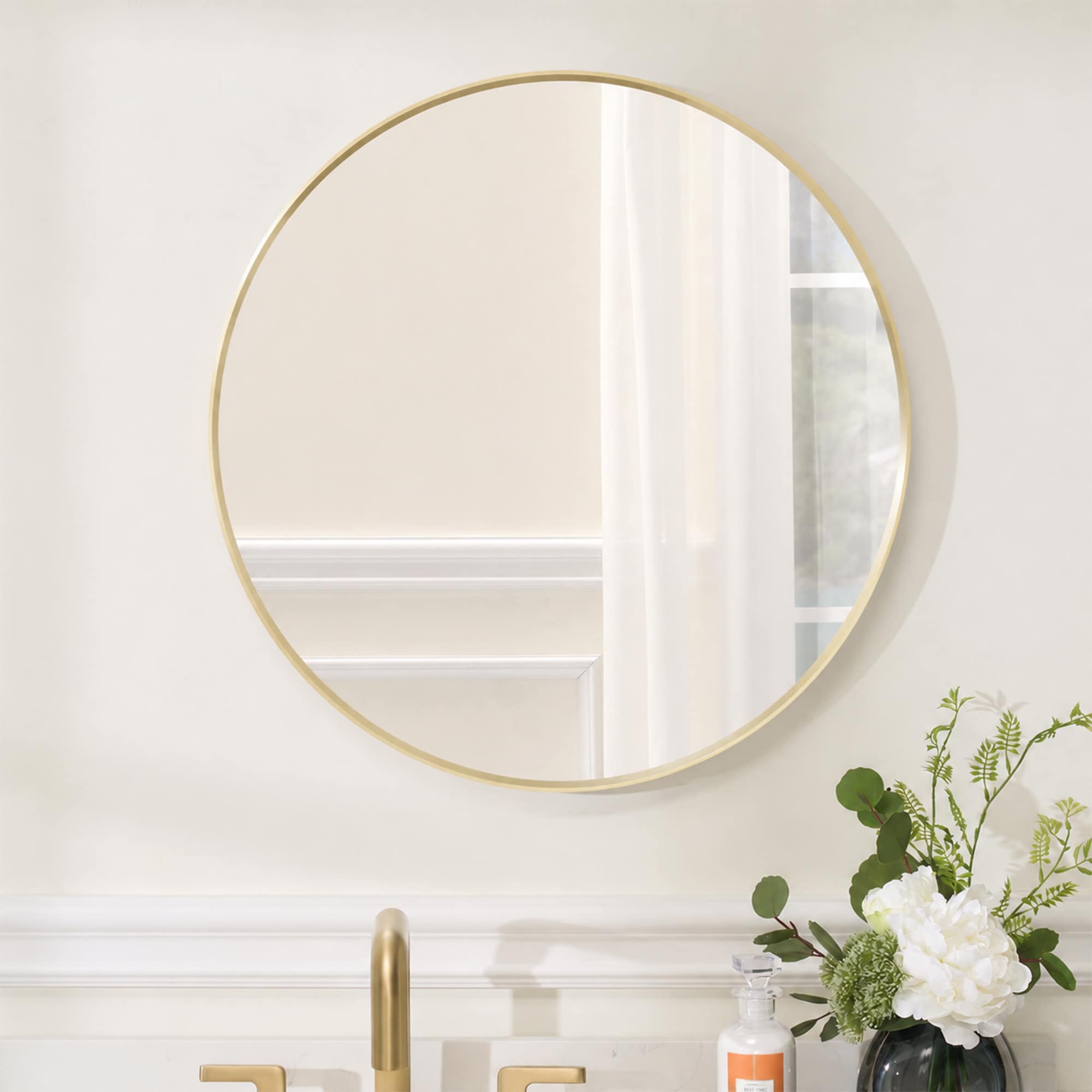 CALVON 24-in W x 24-in H Round Brushed Gold Framed Vanity Mirror