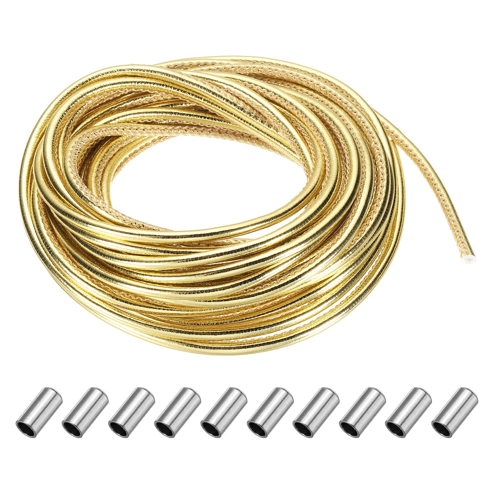Unique Bargains Round Leather Cord 3mm x 5.5Yards Colored Leather String with Cord End Caps Braiding Strip Thread for Crafting Woven Ornaments Home Decorative Projects Gold