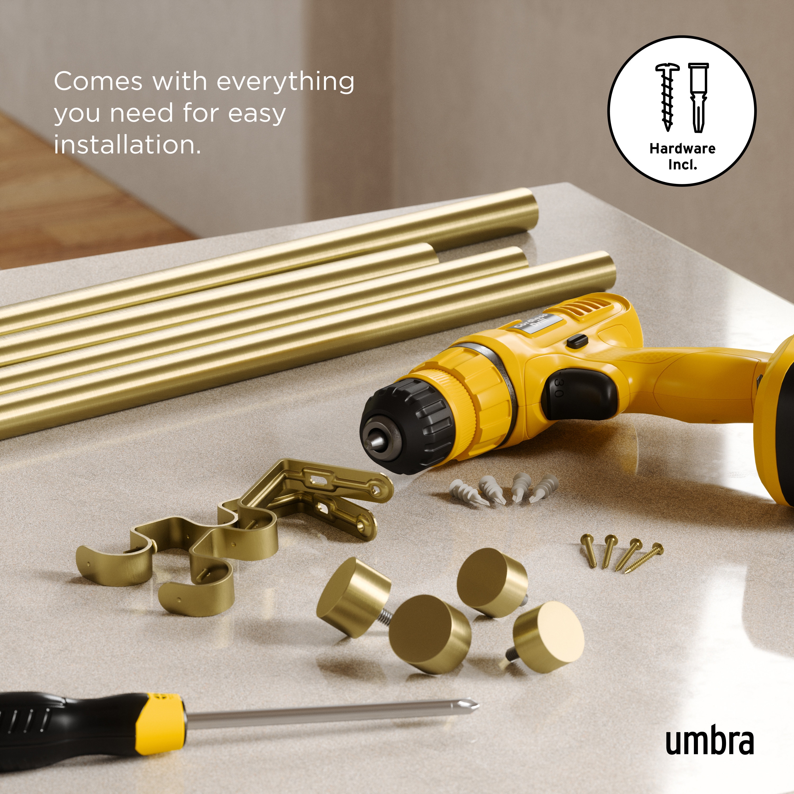 Gold Adjustable Double Curtain Rod with Matching Finials