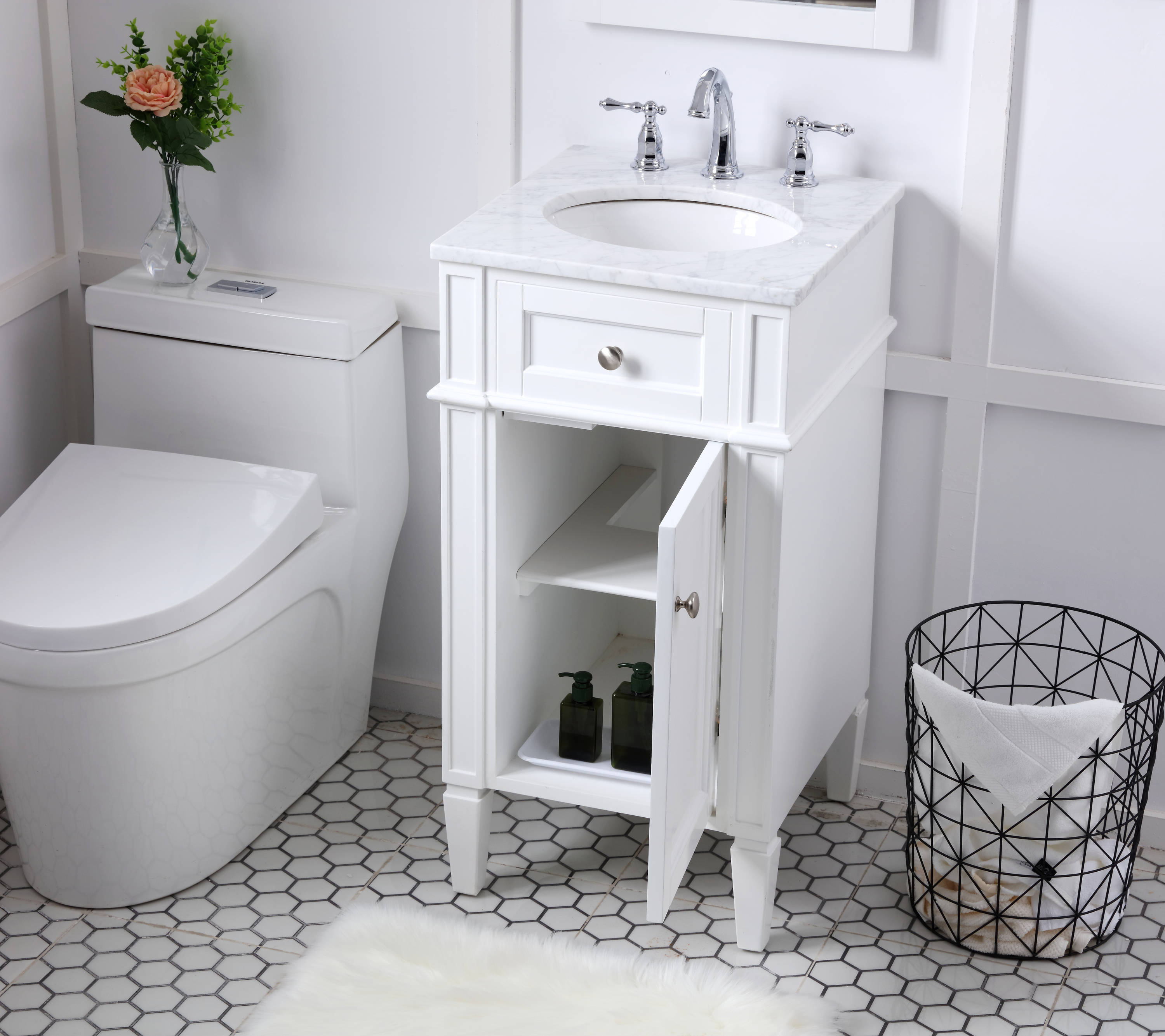 White Carrara Marble Single Sink Vanity with Storage Cabinet