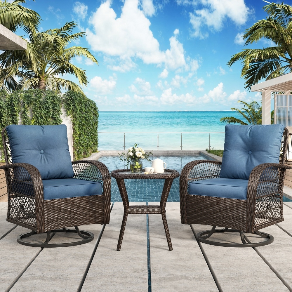 UDPATIO 3pcs Patio Furniture Set  Outdoor Swivel Gliders Rocker   Wicker Patio Bistro Set with Rattan Rocking Chair   Glass Top Side Table And Thickened Cushions for Porch Deck Backyard