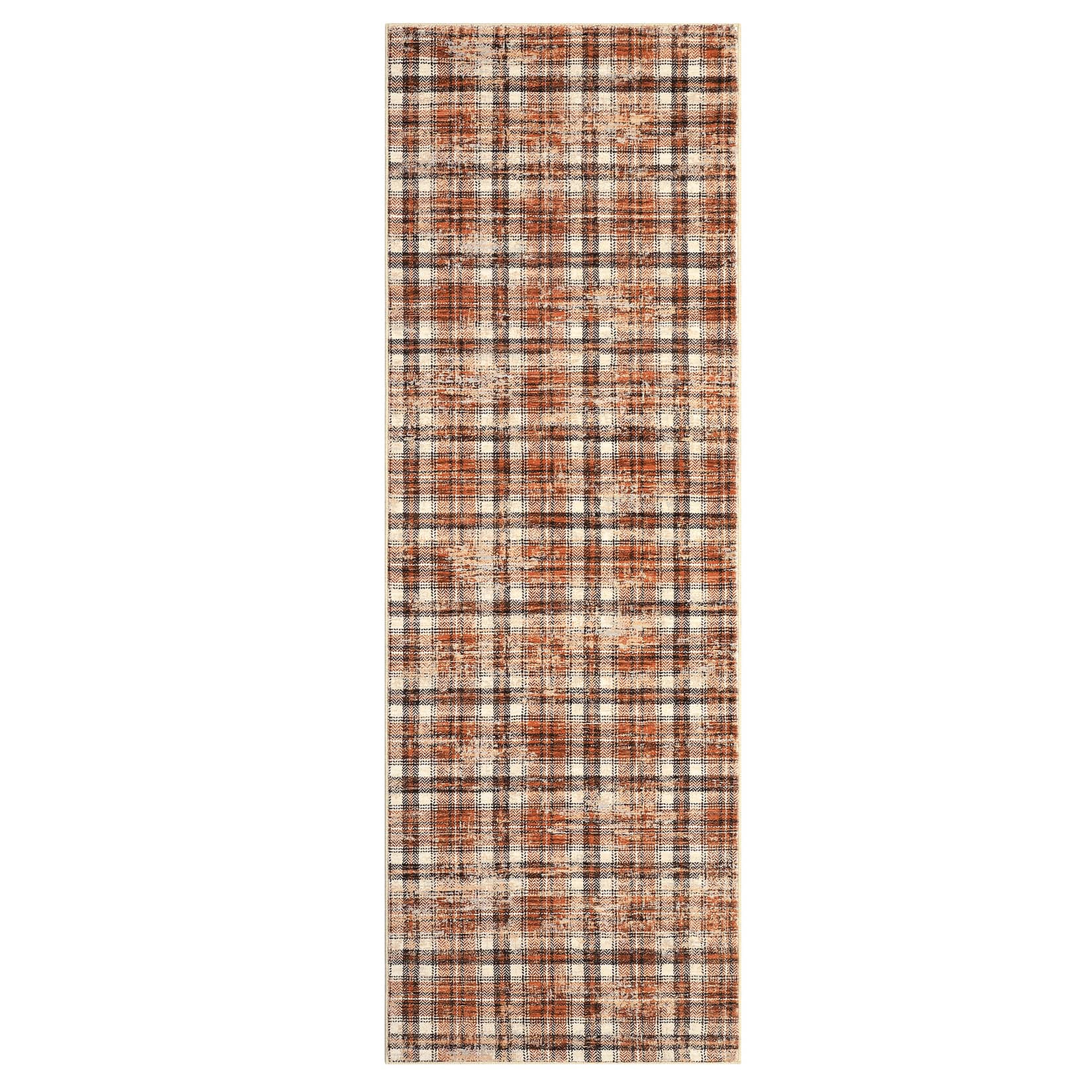 Qeetex SUNNY-PHO-13CGYD5H 2 x 8 ft Polyester Orange/Brown Rectangular Laundry Bathroom Kitchen Geometric Lattice Print Modern Machine Washable Runner Rug