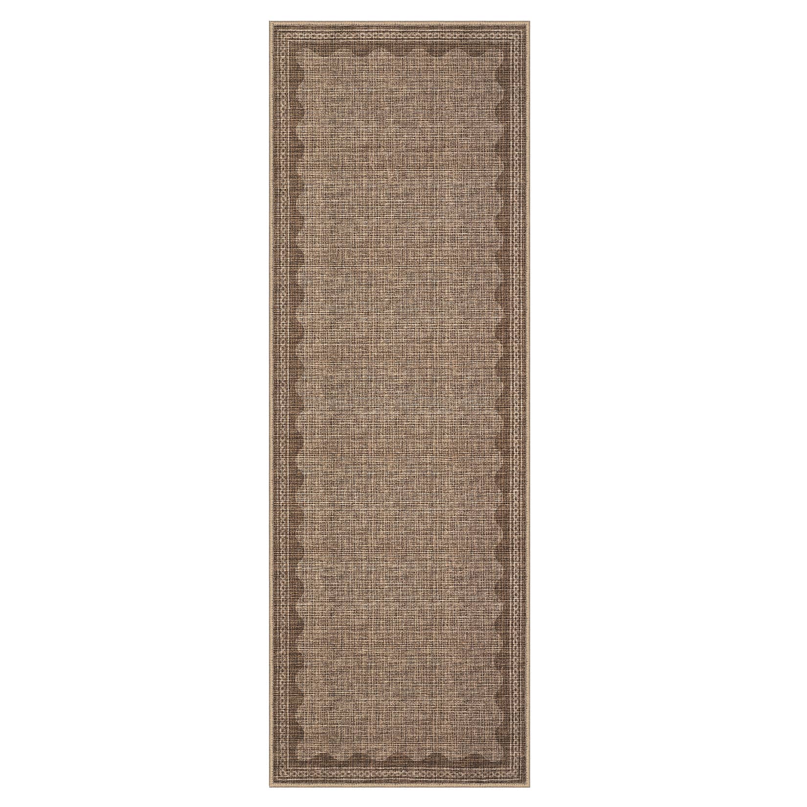 Qeetex SUNNY-PHO-33GF0V3X 2 x 6 ft Polyester Brown Rectangular Indoor Laundry Bathroom Kitchen Scalloped Modern Machine Washable Runner Rug