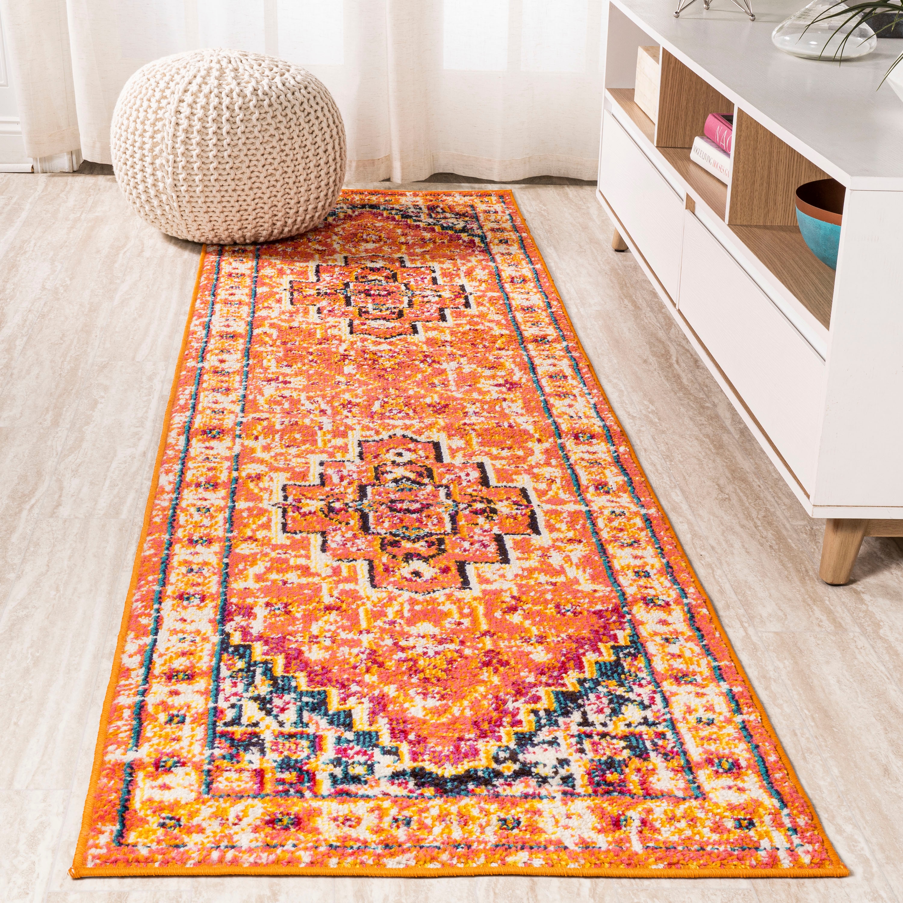 JONATHAN  Y MDP207D-28 MODERN PERSIAN Brooklyn Geometric 2 x 8 (ft) Loomed Polypropylene Orange/Blue Rectangular Indoor Medallion Persian Runner rug