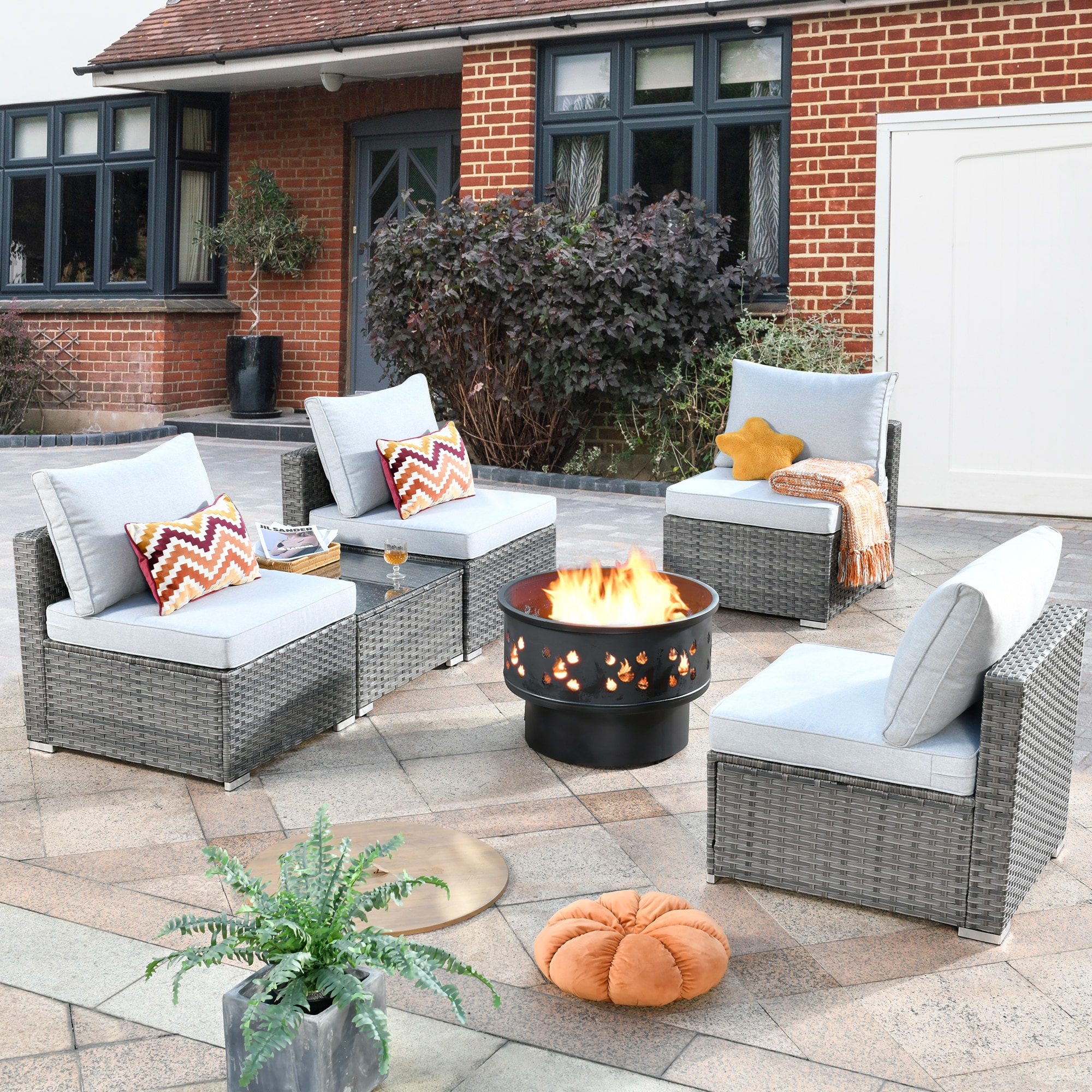 XIZZI XIHOPS4053B-YMFP Libra 6 -Piece Rattan Patio Sofa Conversation Set with Gray Cushions