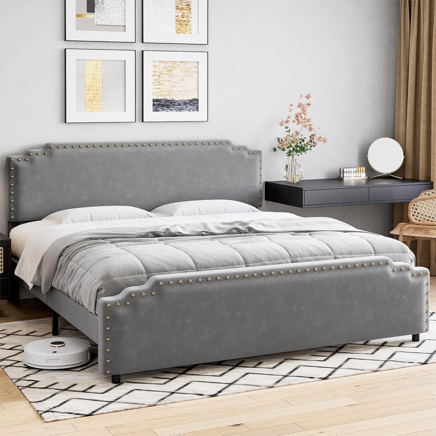 Qeetex DYQ-PHO-0YMSK1B1 IDEALHOUSE King Bed Frame with Headboard  Velvet Upholstered Platform Bed Frame with Rivet Decor  Noise-Free  No Box Spring Needed  Easy Assembly  Sturdy Structure Grey