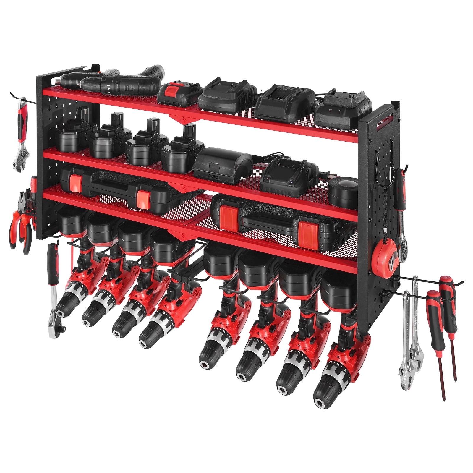 GIVIMO Power Tool Organizer Wall Mount 4-Tier Storage Rack with 8 Drill Holders Side Pegboard Heavy Duty Garage Tool Organization for Workshop #LW108GIVSS1841