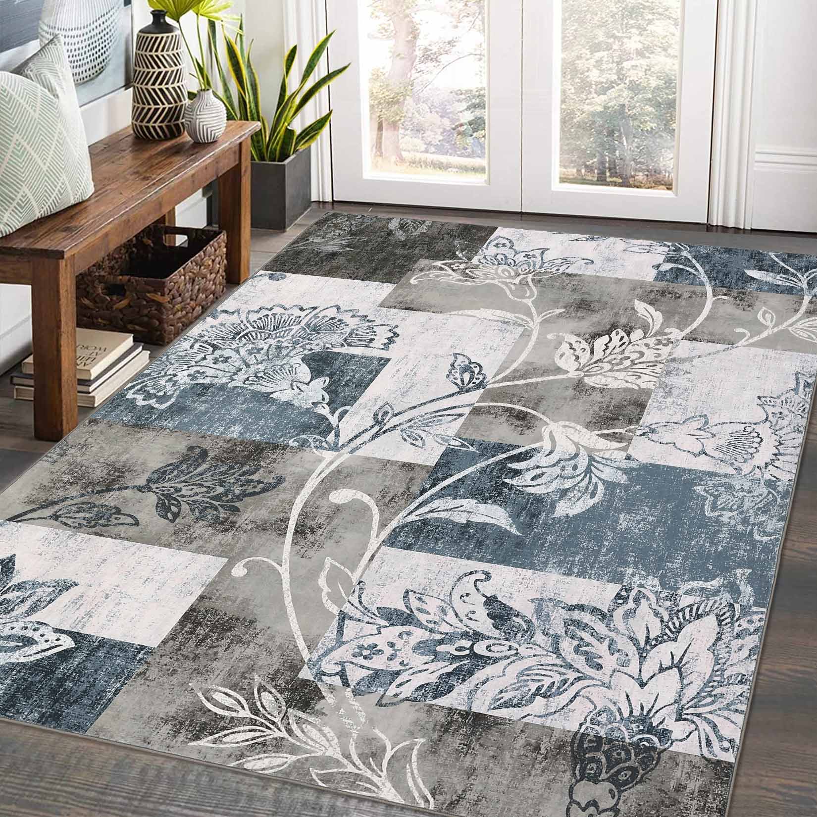 Garvee YXY-LO-PHO-1175NVQF 9 x 12 (ft) Loomed Blue/Gray Rectangular Indoor Floral/Botanical Tropical Machine washable Pet Friendly Area rug