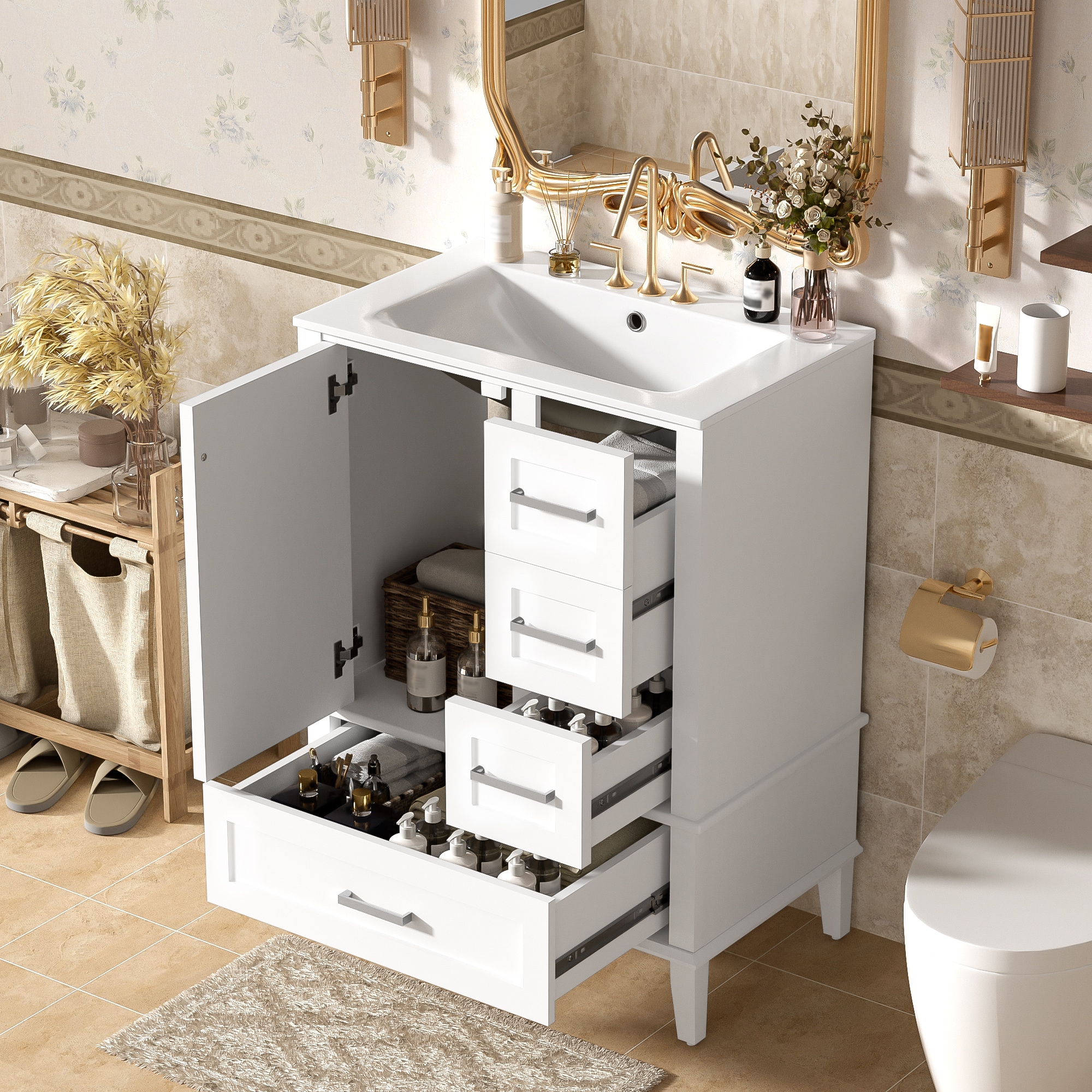 LOVMOR  24.8-in Single Sink Bathroom Vanity White Ceramic Top 3 Drawers Freestanding Soft Close 1 Doors for Medium Bathrooms White