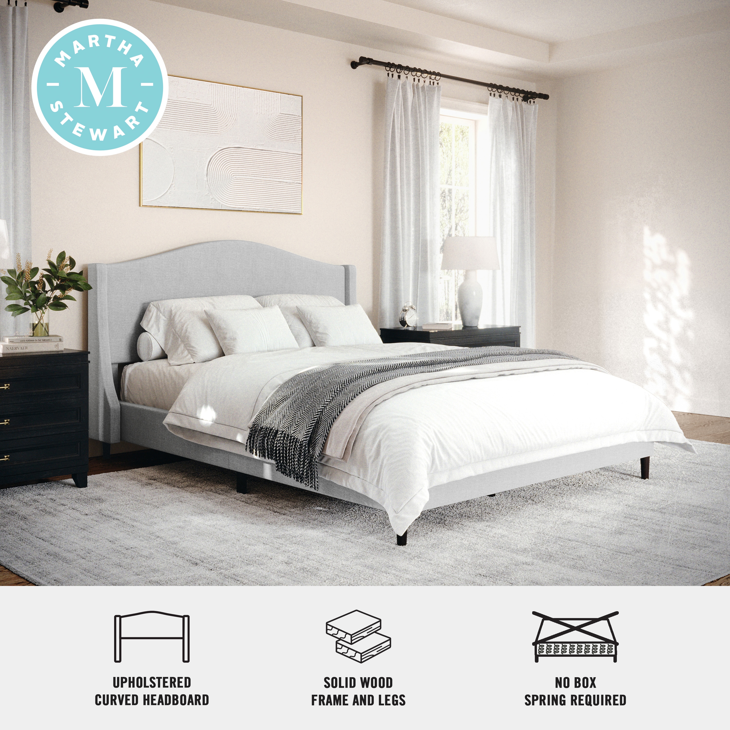 Gray Queen Upholstered Platform Bed with Curved Headboard and Wood Frame