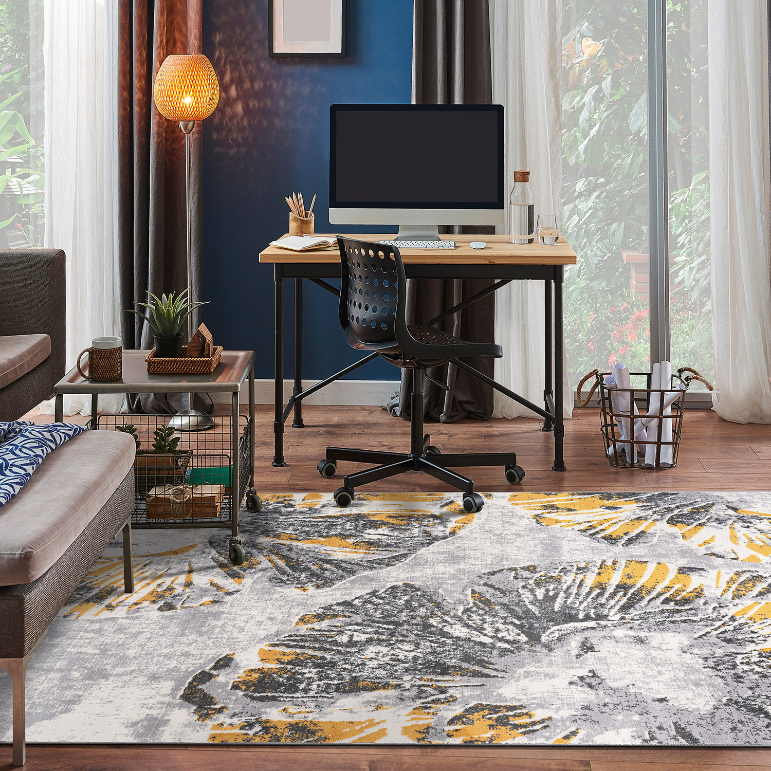 Yellow and Gray Floral Stain-Resistant Synthetic 8' x 10' Area Rug