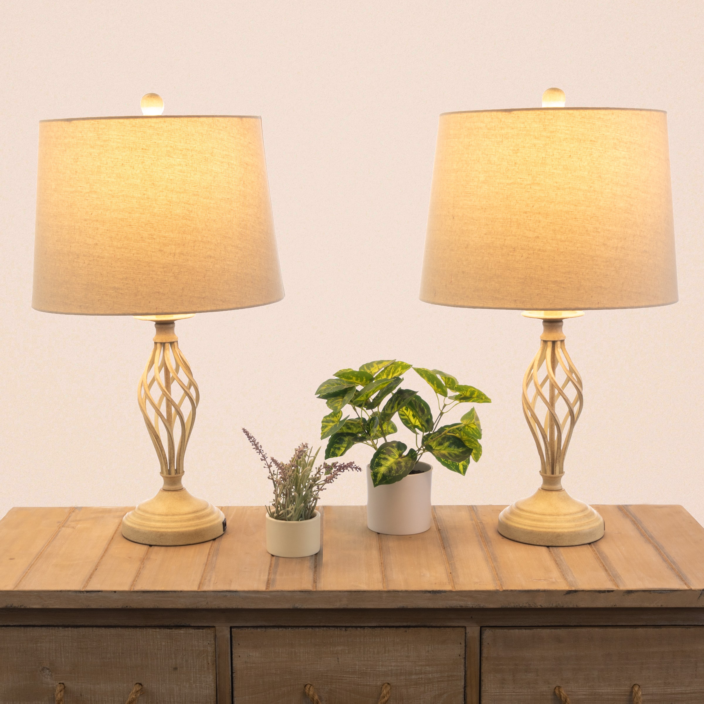 Lavish Home 72-LMPST2-26-USB Set of 2 Modern Table Lamps 10-Inches Sand LED On/Off switch Integrated Table Lamp with Linen Shade 2 -Set