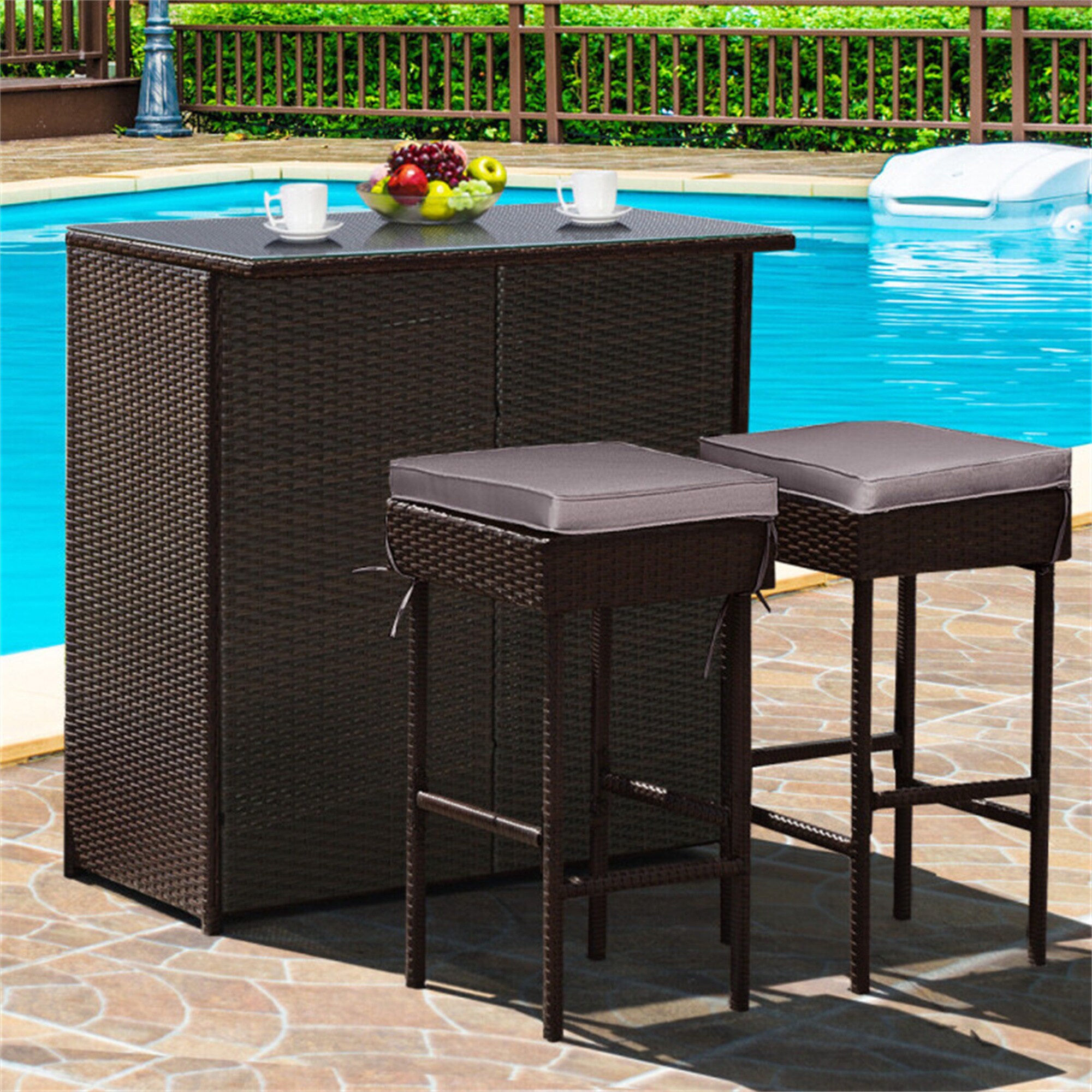 BABOOM BOM-233BUG-CO Outdoor Rattan Wicker Bar Set Brown Aluminum Patio Bar