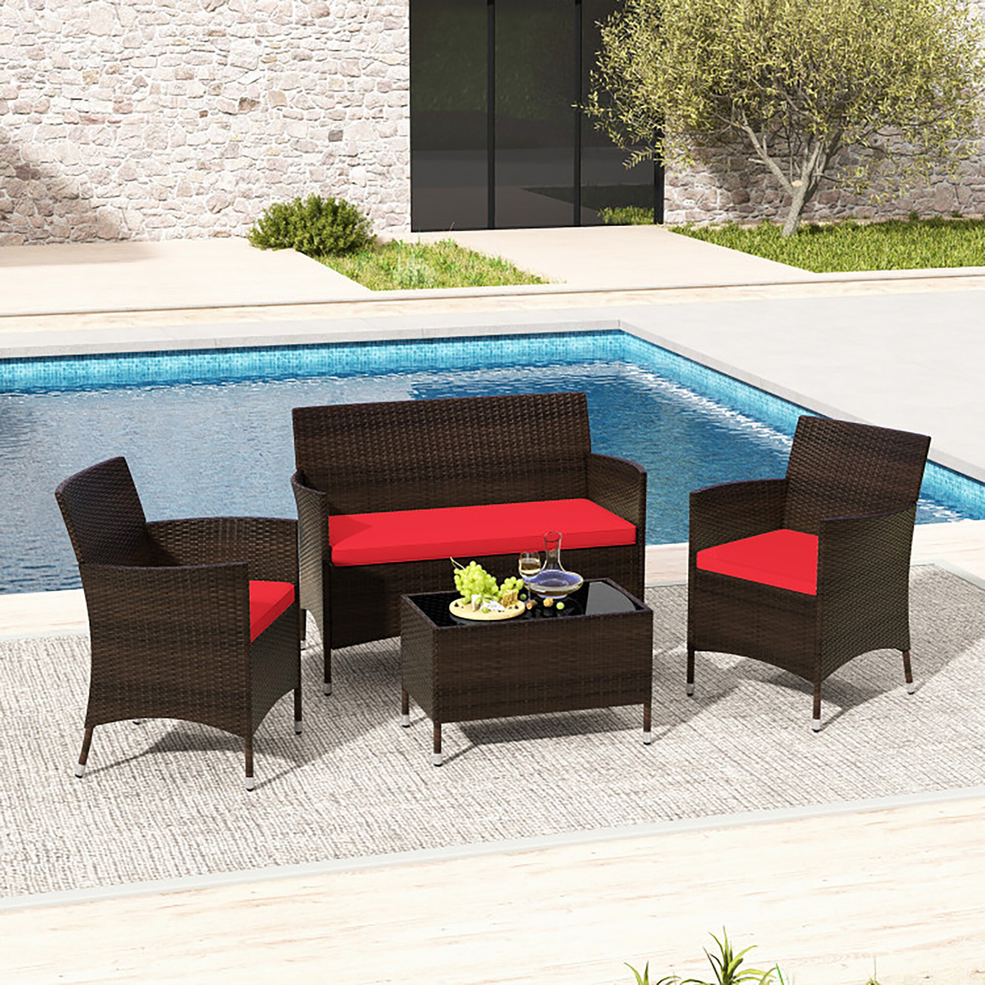 CASAINC 4 Piece Rattan Patio Conversation Set with Red Cushions in the Patio Conversation Sets department at Lowes