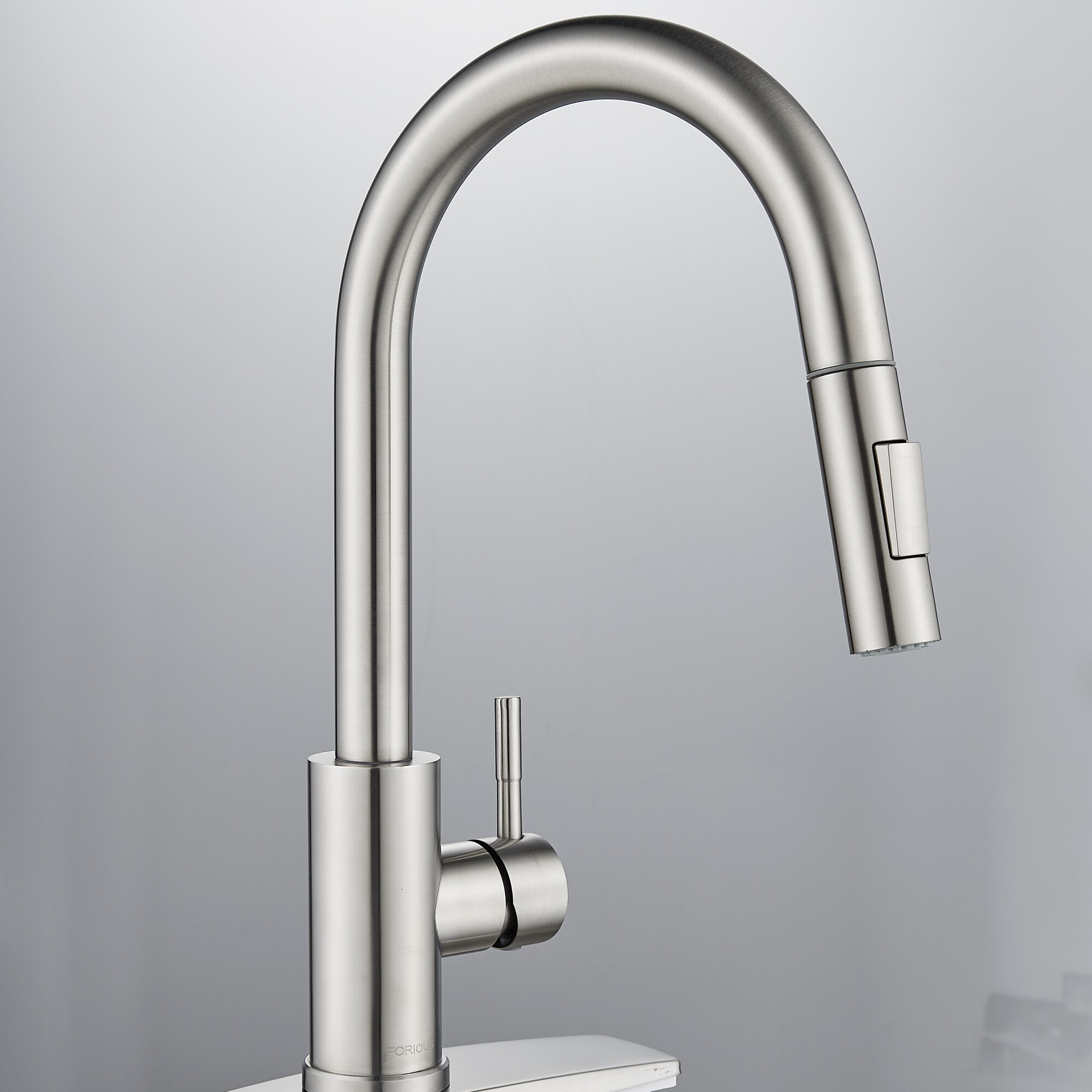 Forious Brushed Nickel Single Handle Pull Down Kitchen Faucet With Sprayer Function Deck Plate 