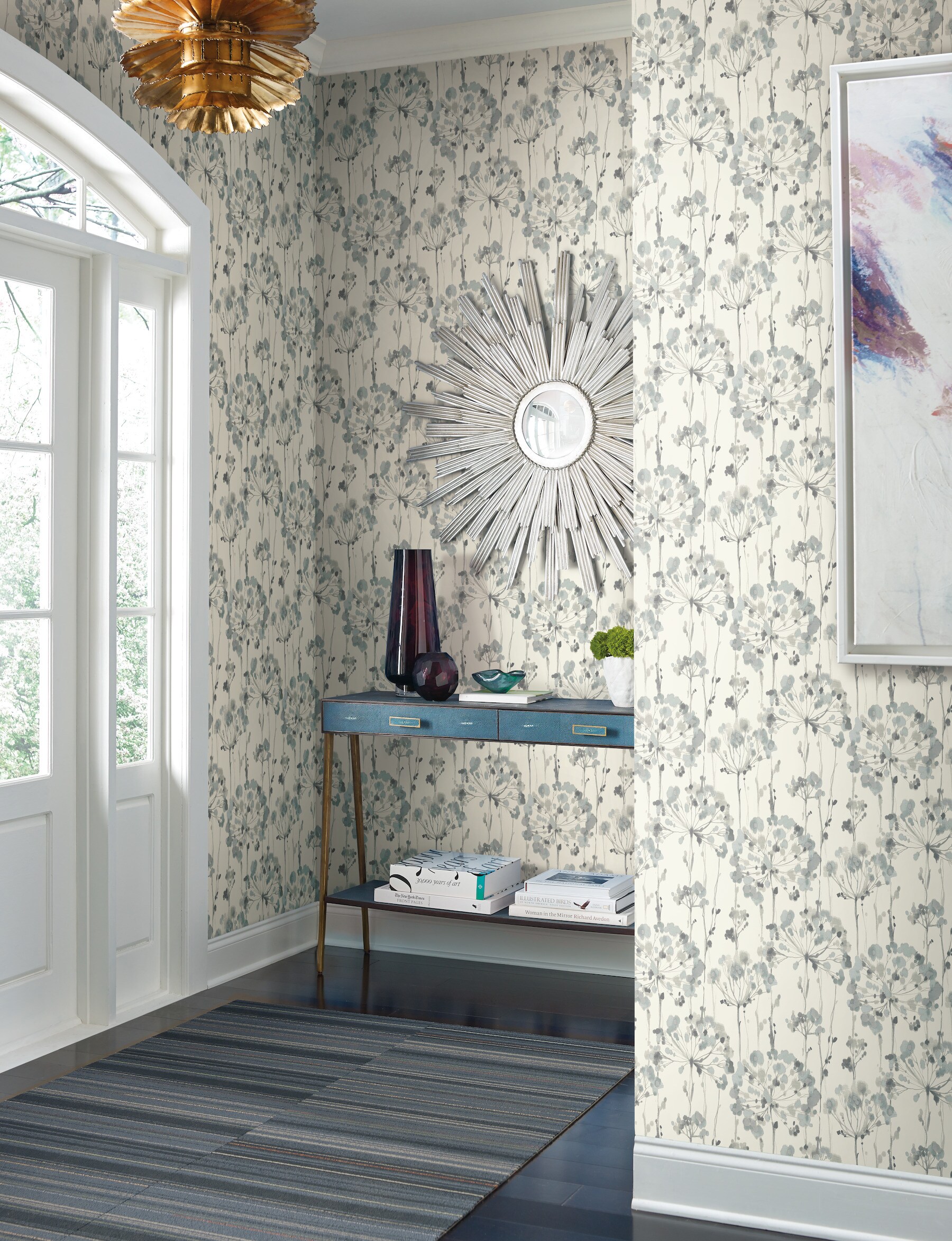 Candice Olson Sheer Blue and Grey Flourish Peel and Stick Wallpaper in