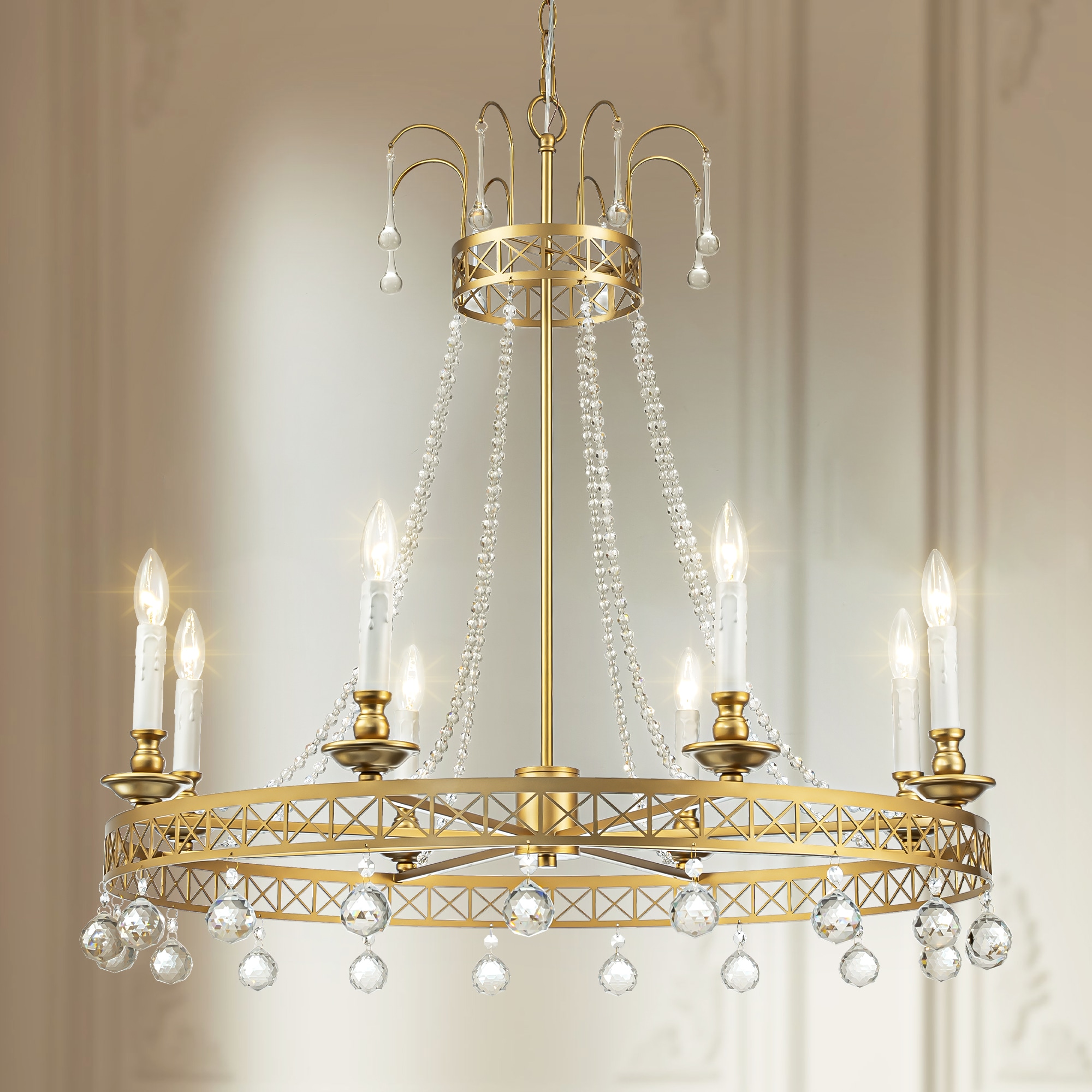 Rennnsan Charles 8 -Light Brushed Gold Industrial Crystal For Use in Bedrooms, Dining Rooms, Foyers, Kitchens, Living Rooms Chandelier