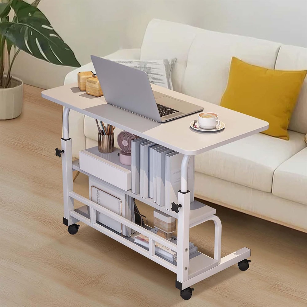 Garvee Adjustable Height Mobile Standing Desk with Wheels/ Portable Rolling Computer Desk with Storage Shelves for Home Office White 80 X 40cm