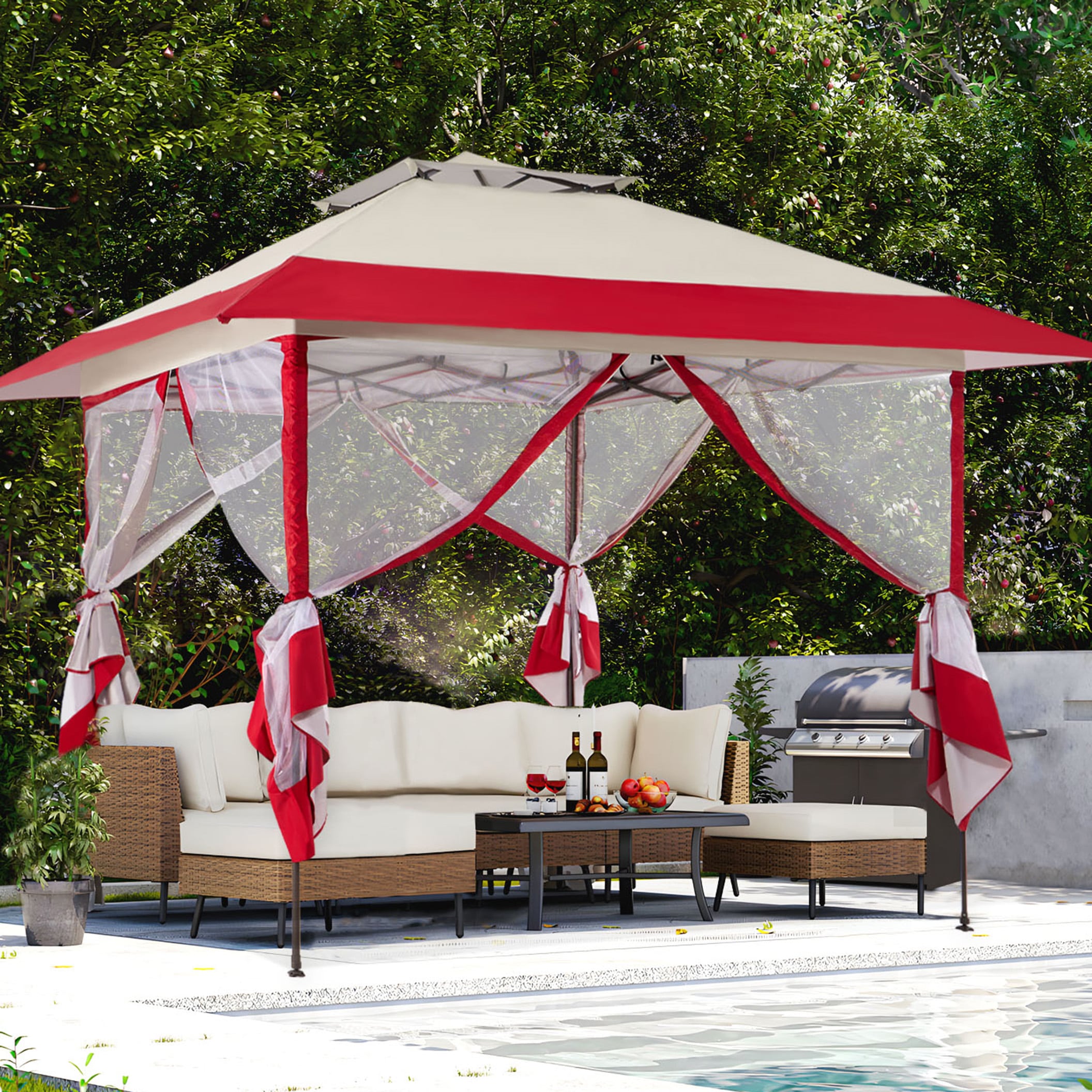 JEAREY 13 ft x 13 ft Outdoor gazebos Square Red Beige Metal Polyester Roof Pop up Gazebo PSZDP RD at Lowes