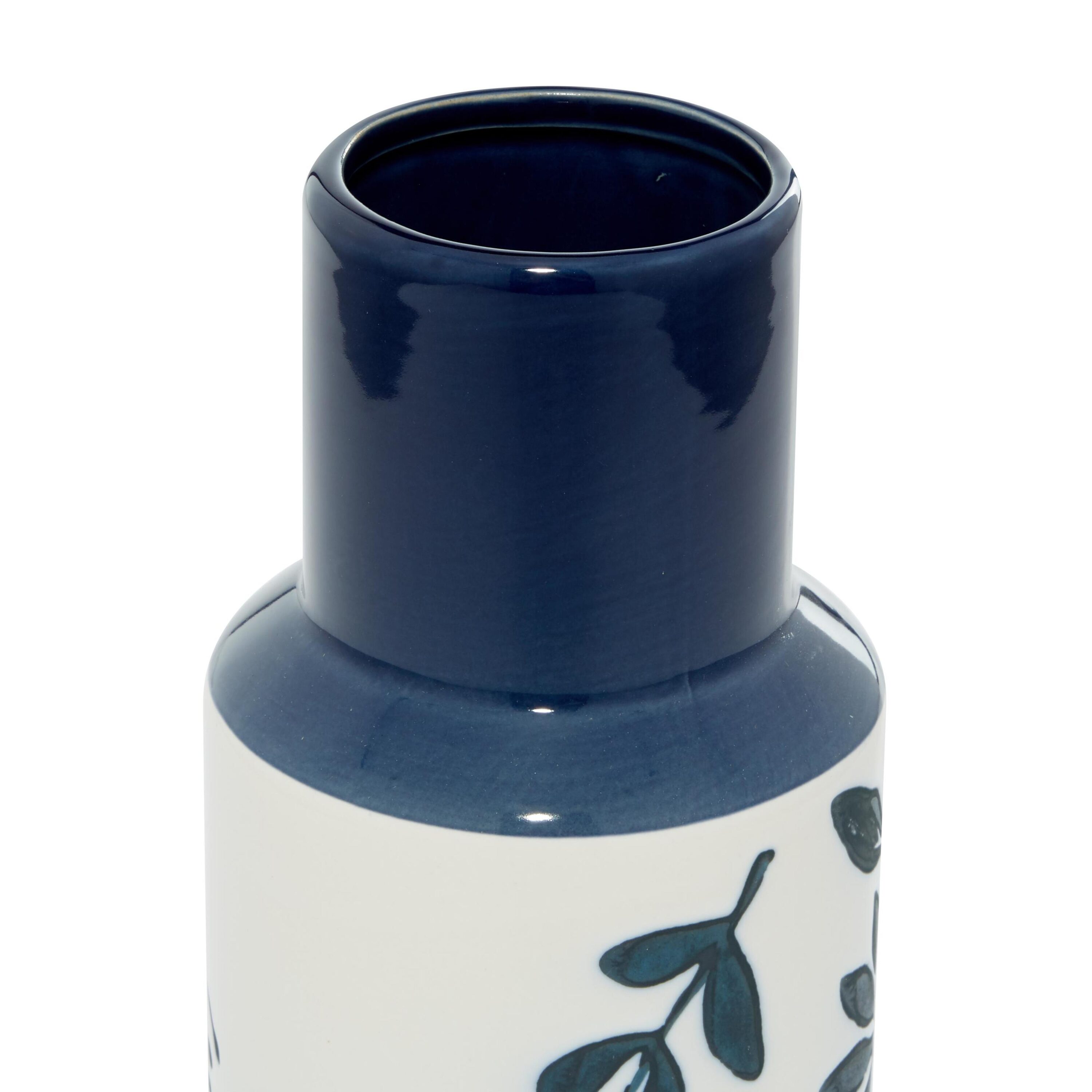 Modern French Country 12" Navy Blue and White Ceramic Table Vase