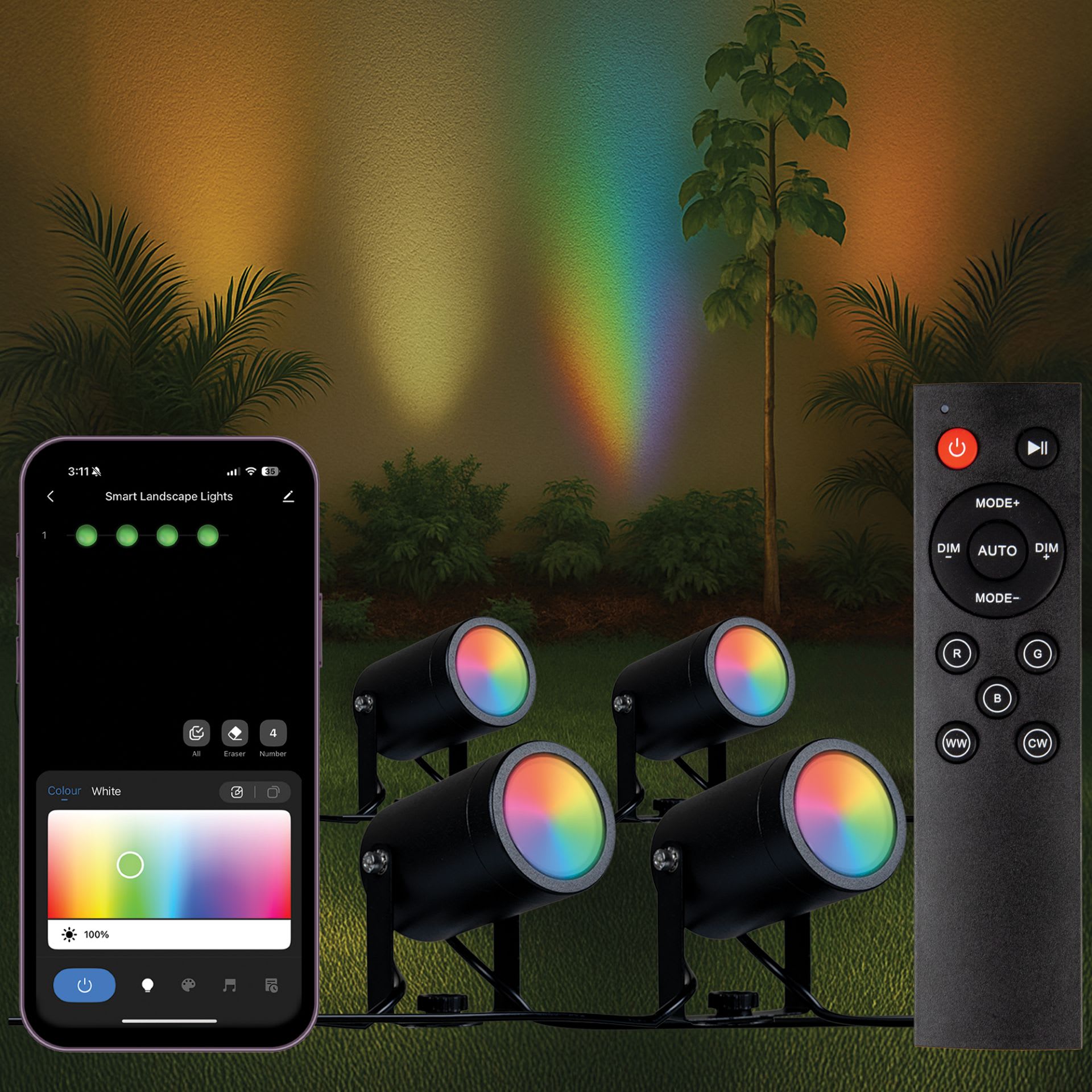 Novelty Lights RGBWW Outdoor Smart Spotlights 4 Pack 48ft Set 2000 Lumens Dimmable IP65 Waterproof Voice or App Controlled Energy Efficient LED Landscape Lights