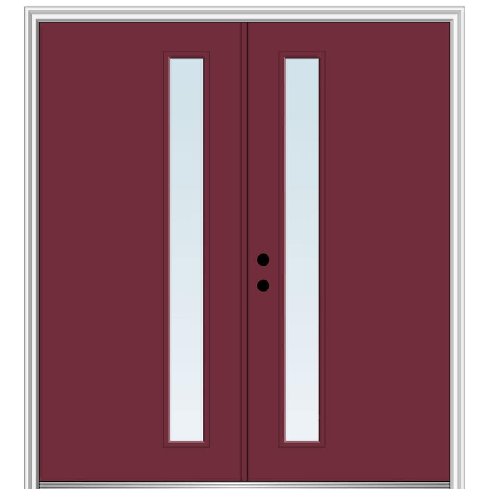 MMI DOOR ZZ345804R Spotlights 64-in x 80-in x 4-9/16-in Fiberglass Pulse lite Right-hand inswing Burgundy Painted Prehung Double Front Door with Brickmould Insulating core