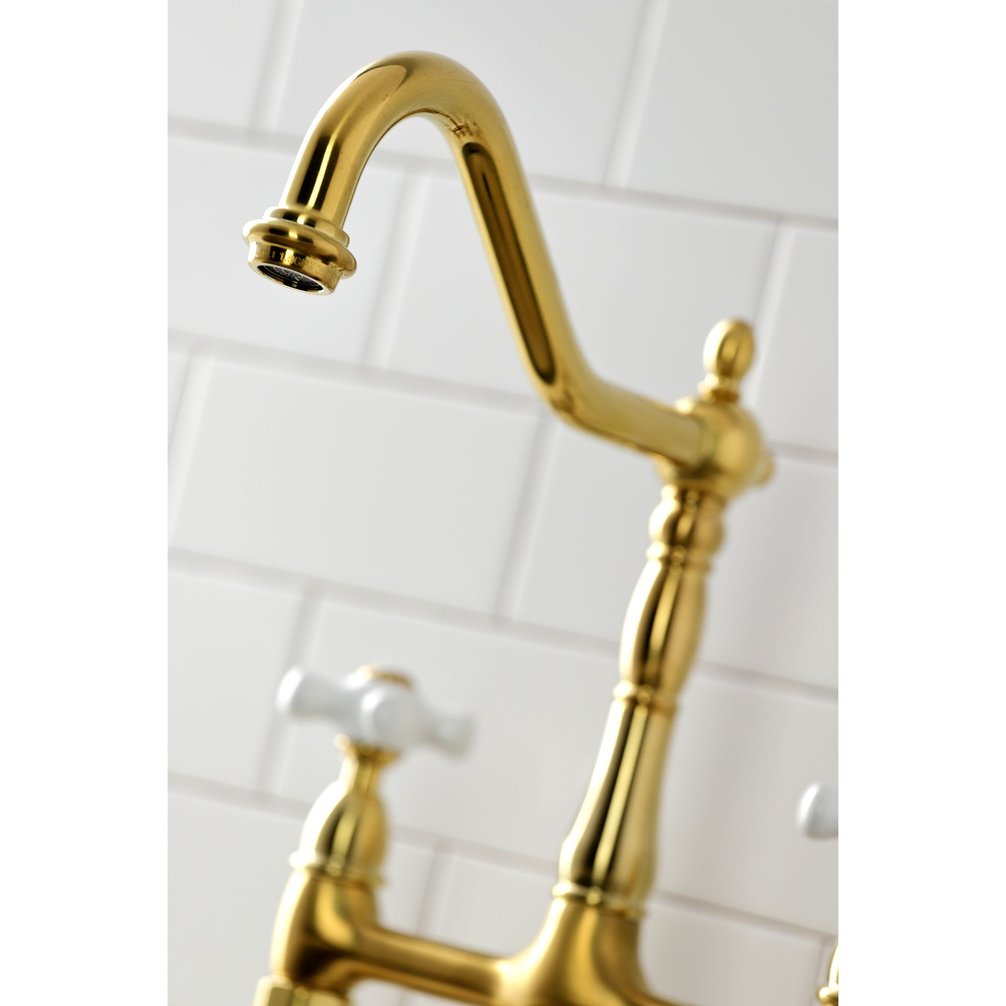 Heritage Brushed Brass Double Handle Bridge Kitchen Faucet with Side Sprayer