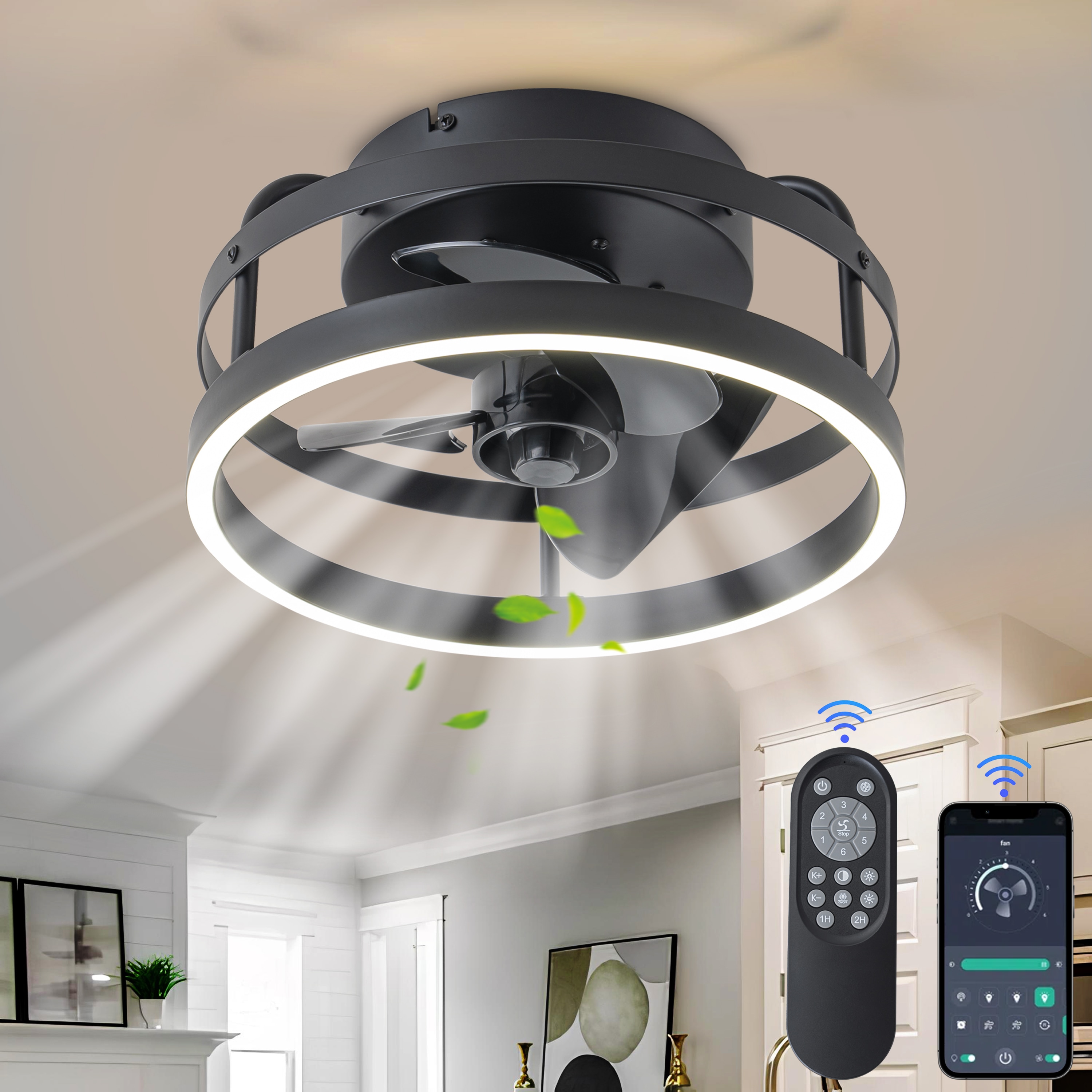C Cattleya LCA2498-JES-CF 12-in Color-Changing Integrated LED Flush Mount Smart Black with Black Blades Cage Ceiling Fan With Light and Remote ( 3 -Blade )