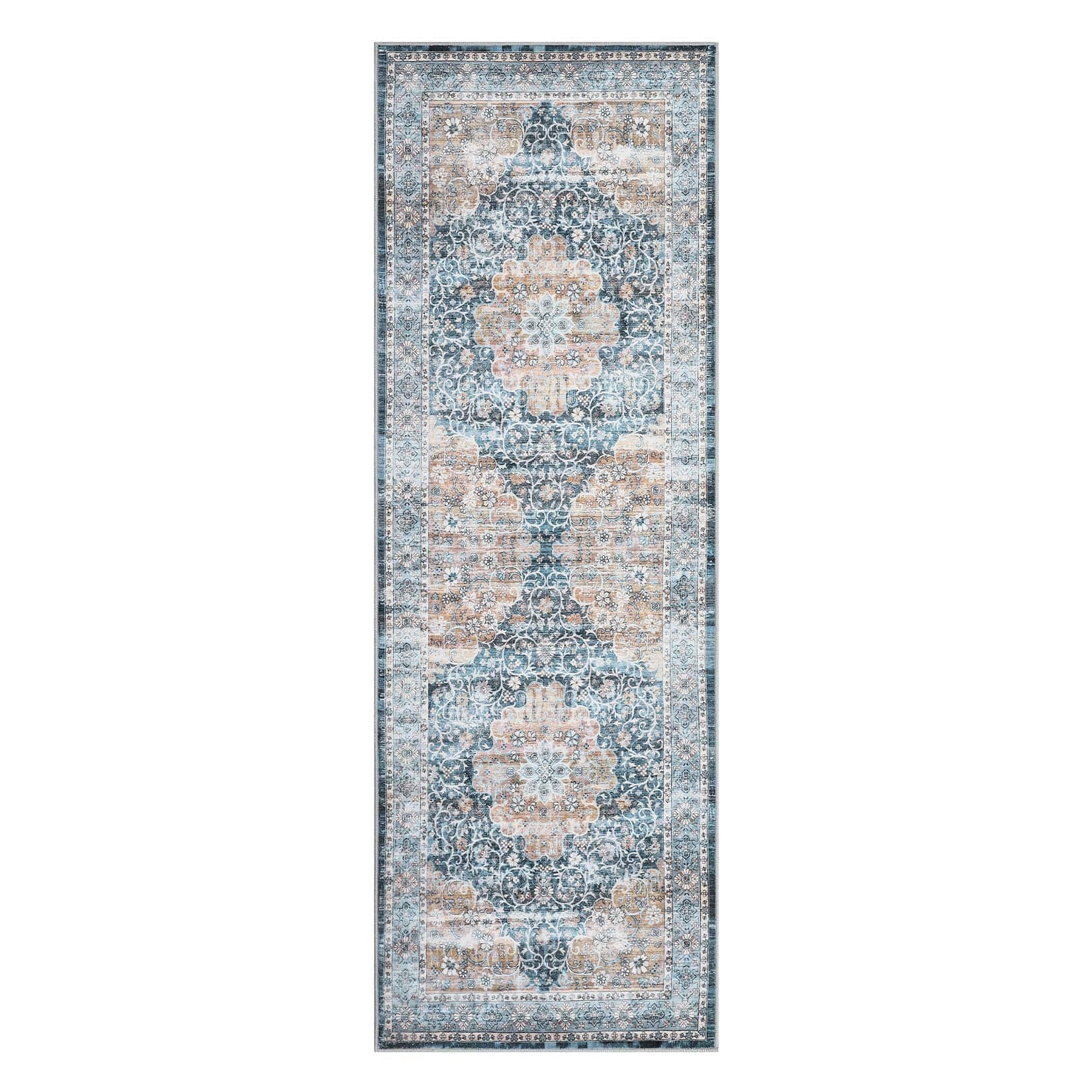 Qeetex LSN-PHO-16I7VOUH 2 x 6 ft Polyester Cashmere Blue Rectangular Hallway Bathroom Entryway Kitchen Office Foldable Flower Printed Persian Washable Area Rug